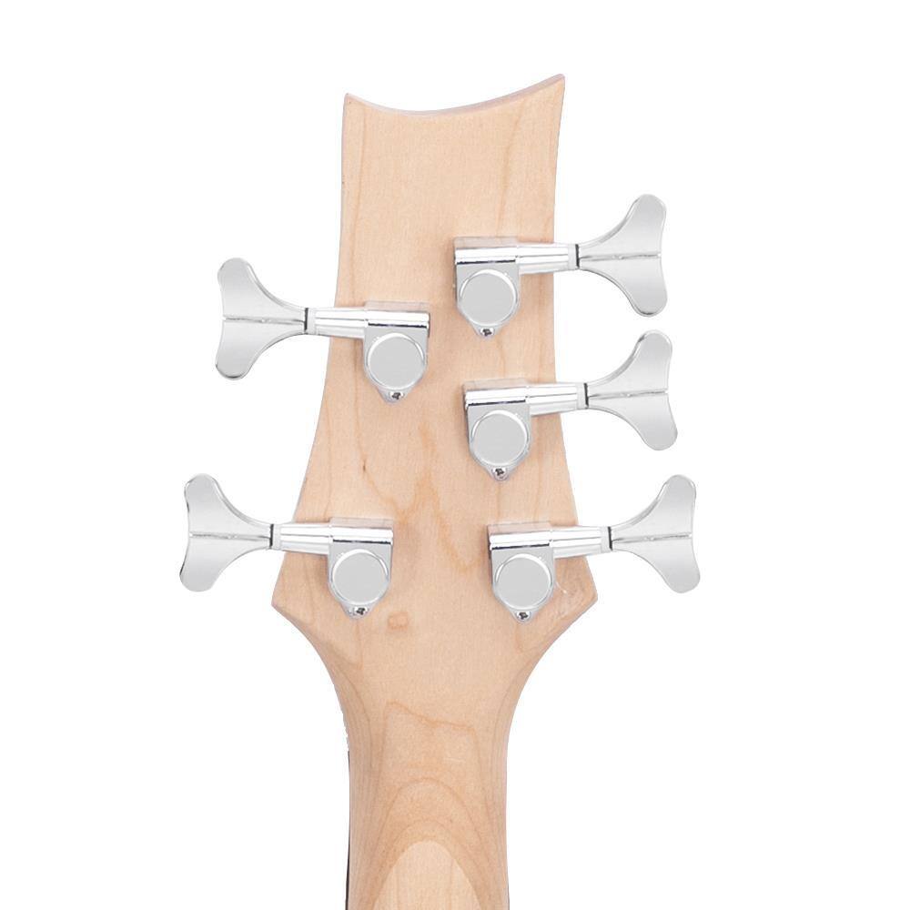 Left. Winado - IB 5 String Electric Bass Guitar uses basswood body, maple neck, rosewood fingerboard, and 9.5 inch fingerboard.