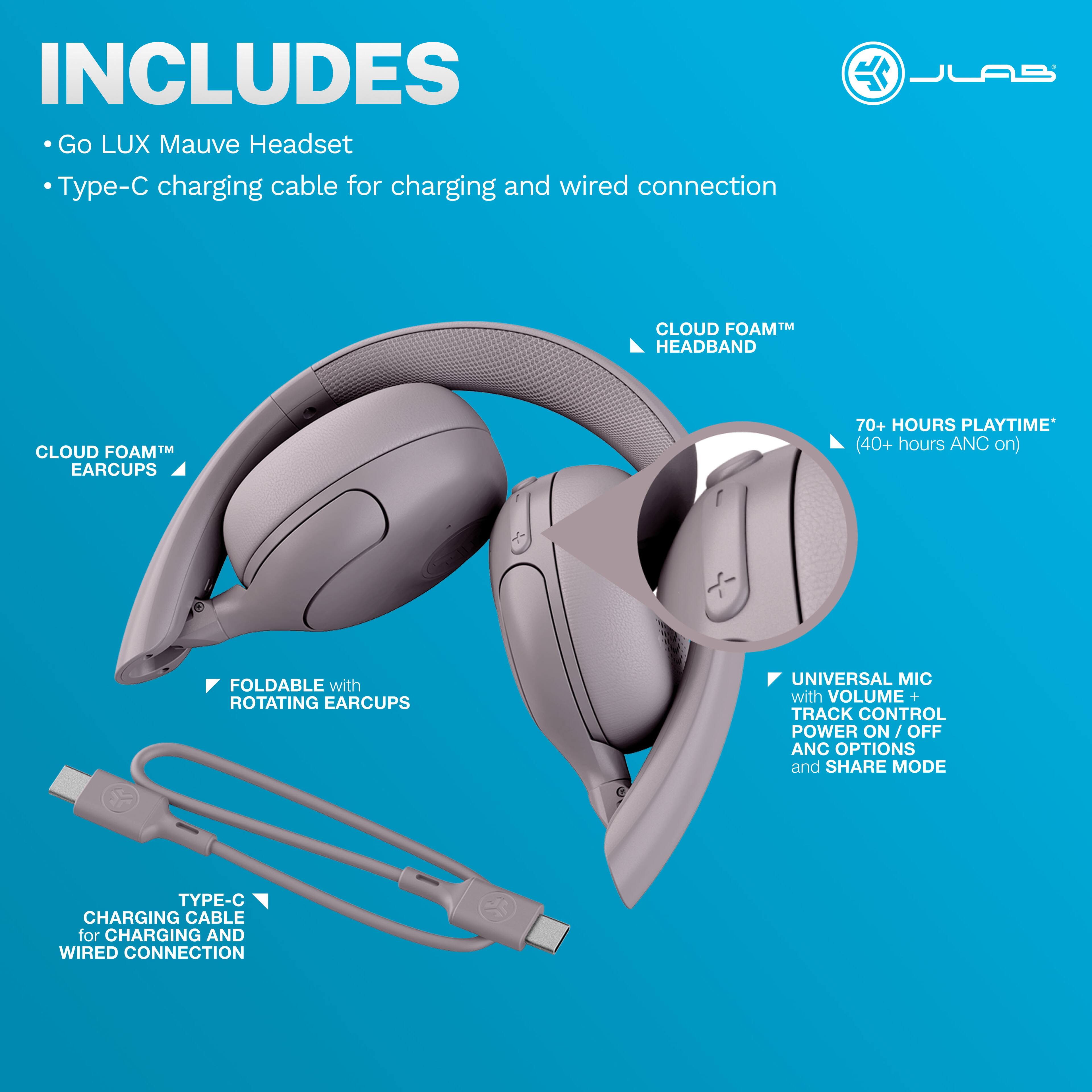 INCLUDES Go LUX Mauve Headset

Type-C charging cable for charging and wired connection

CLOUD FOAM™ HEADBAND
CLOUD FOAM™ EARCUPS
70+ HOURS PLAYTIME (40+ hours ANC on)
FOLDABLE with ROTATING EARCUPS
UNIVERSAL MIC with VOLUME + TRACK CONTROL POWER ON / OFF / ANC OPTIONS and SHARE MODE