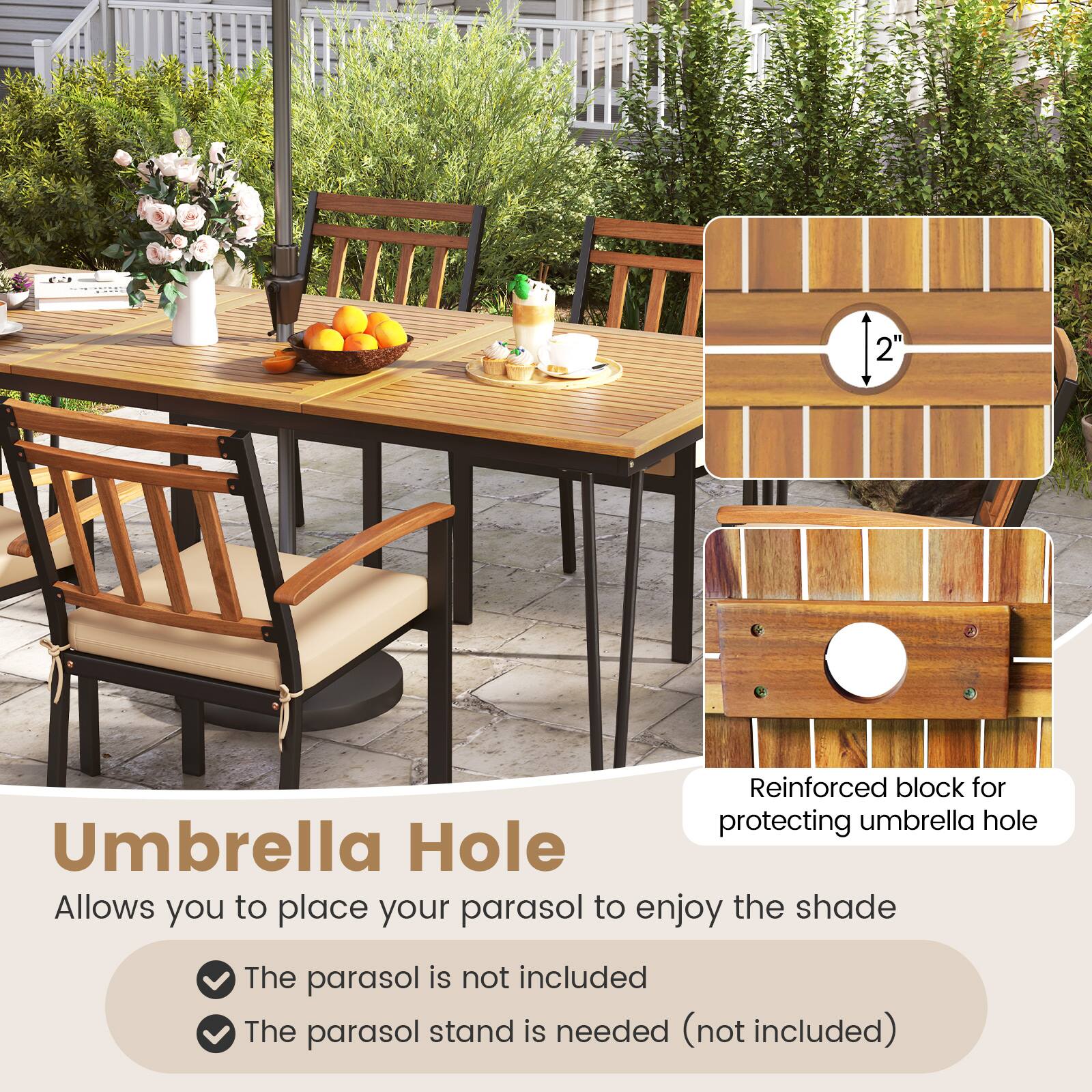 - **Umbrella Hole**
  - Allows you to place your parasol to enjoy the shade
  - The parasol is not included
  - The parasol stand is needed (not included)

- **Reinforced block for protecting umbrella hole**