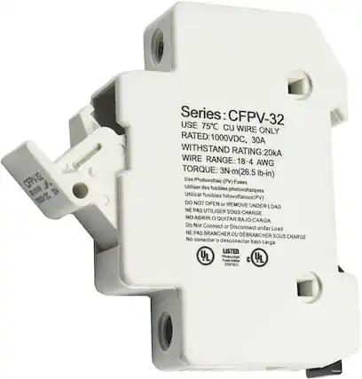 CFPV-32
Series: CFPV-32
USE 75°C CU WIRE ONLY
RATED: 1000VDC, 30A
WITHSTAND RATING: 20kA
WIRE RANGE: 18-4 AWG
TORQUE: 3N-m (26.5 lb-in)
Use Photovoltaic (PV) Fuses
Utiliser des fusibles photovoltaïques
Utilizar fusibles fotovoltaicos (PV)
DO NOT OPEN or REMOVE UNDER LOAD
NE PAS UTILISER SOUS CHARGE
NO ABRIR O QUITAR BAJO CARGA
Do Not Connect or Disconnect under Load
NE PAS BRANCHER OU DEBRANCHER SOUS CHARGE
No conectar o desconectar bajo carga
LISTED
Photovoltaic: E5G7923
UL
Photovoltaic: E5G7923