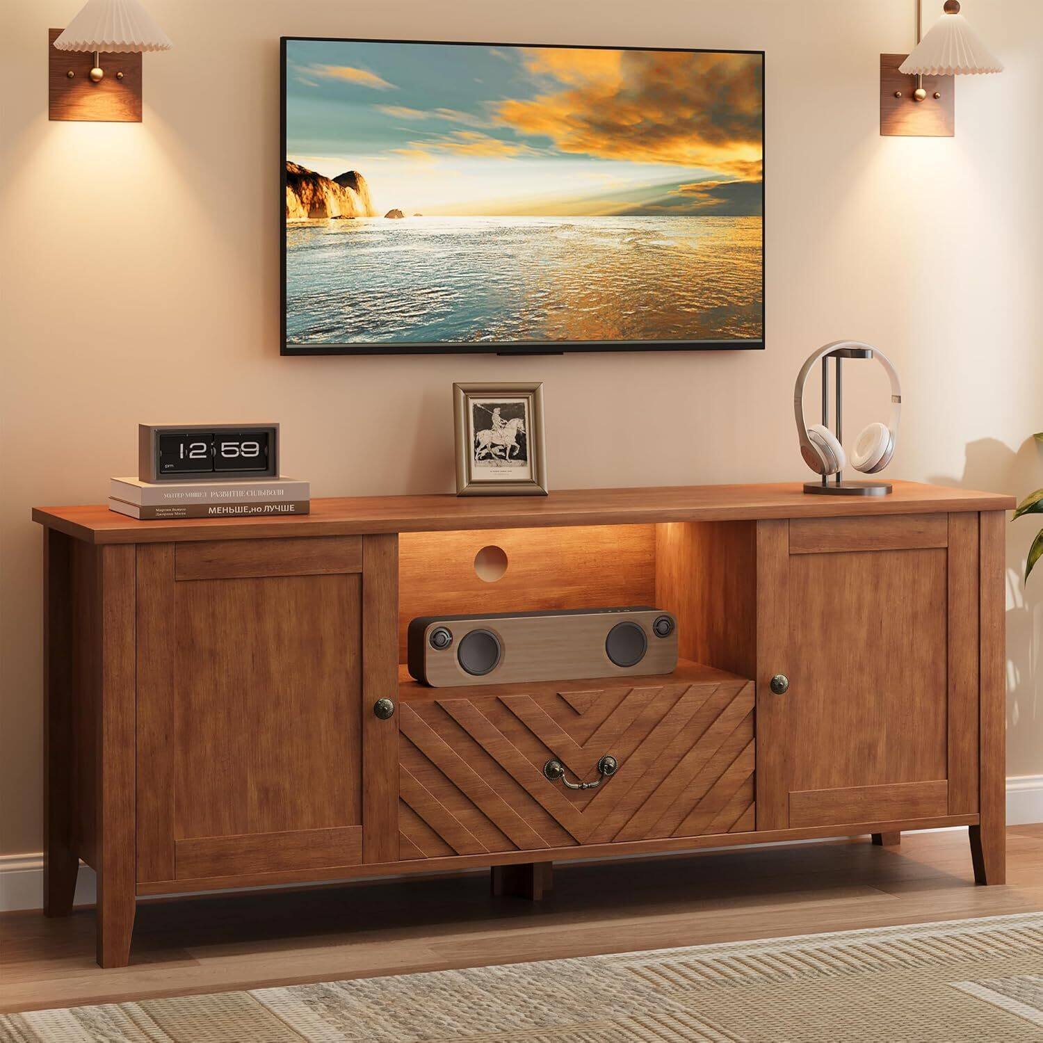 Front. Acekool - Entertainment Center TV Console Table, TV Stands for Living Room for 65 Inch TV, Brown - Brown.