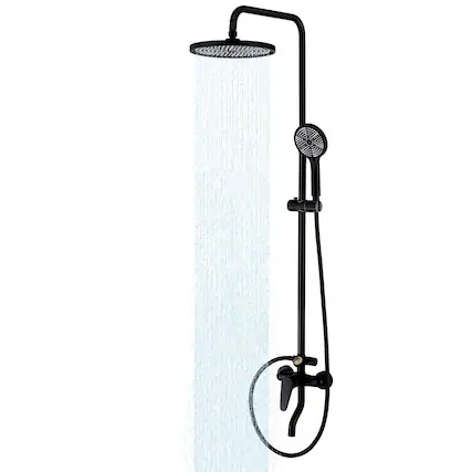 Front. Dazzed Corner - Wall Mount 3-Function Outdoor Shower Fixture with Thermometer and Brass Valve - Matte Black.