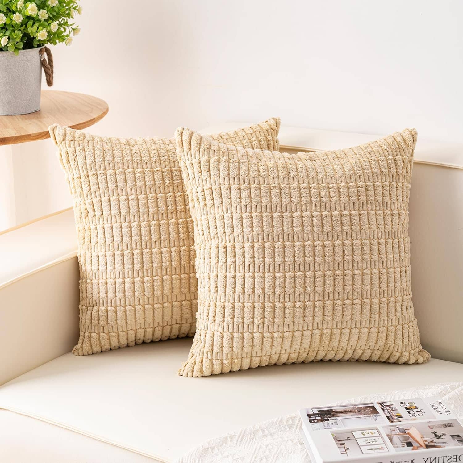 FINEAK - Pack of 2 Corduroy Decorative Throw Pillow Covers 18x18 Inch - Beige