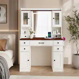 WELLFOR - 41.5 " LED Vanity Desk with Charging Station & Storage, Makeup Table with 5 Drawers for Bedroom - White