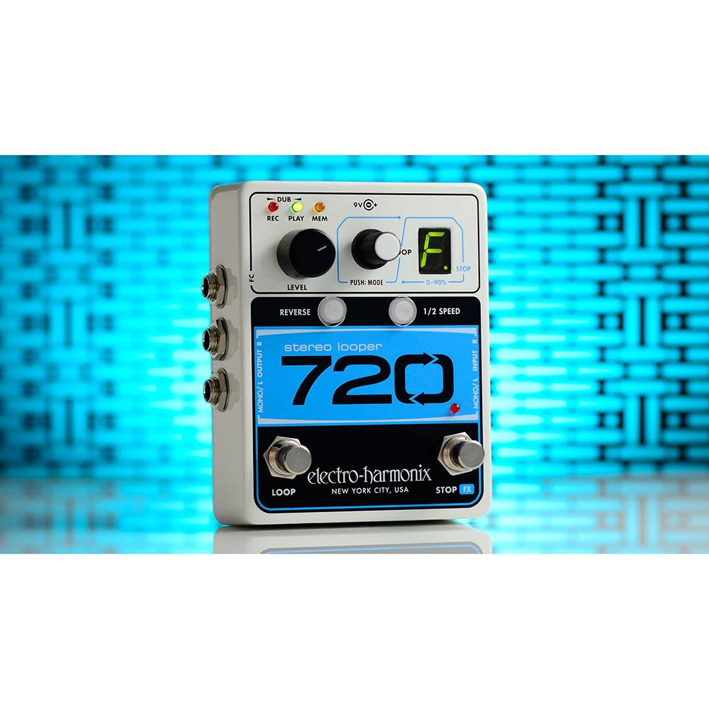 stereo looper  
720  
electro-harmonix  
NEW YORK CITY, USA  

DUB  
REC PLAY MEM  
LEVEL  
REVERSE  
PUSH MODE 0-90%  
1/2 SPEED  
STOP  

stereo looper  
OUTPUT INPUT  
MONO/