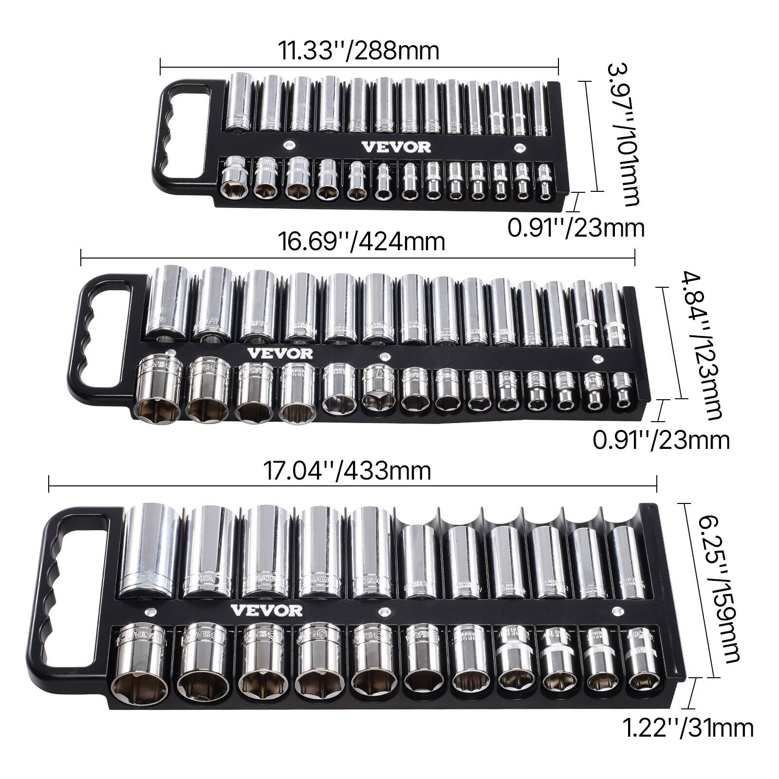 11.33"/288mm  
3.97"/101mm  
0.91"/23mm  
16.69"/424mm  
4.84"/123mm  
0.91"/23mm  
17.04"/433mm  
6.25"/159mm  
1.22"/31mm