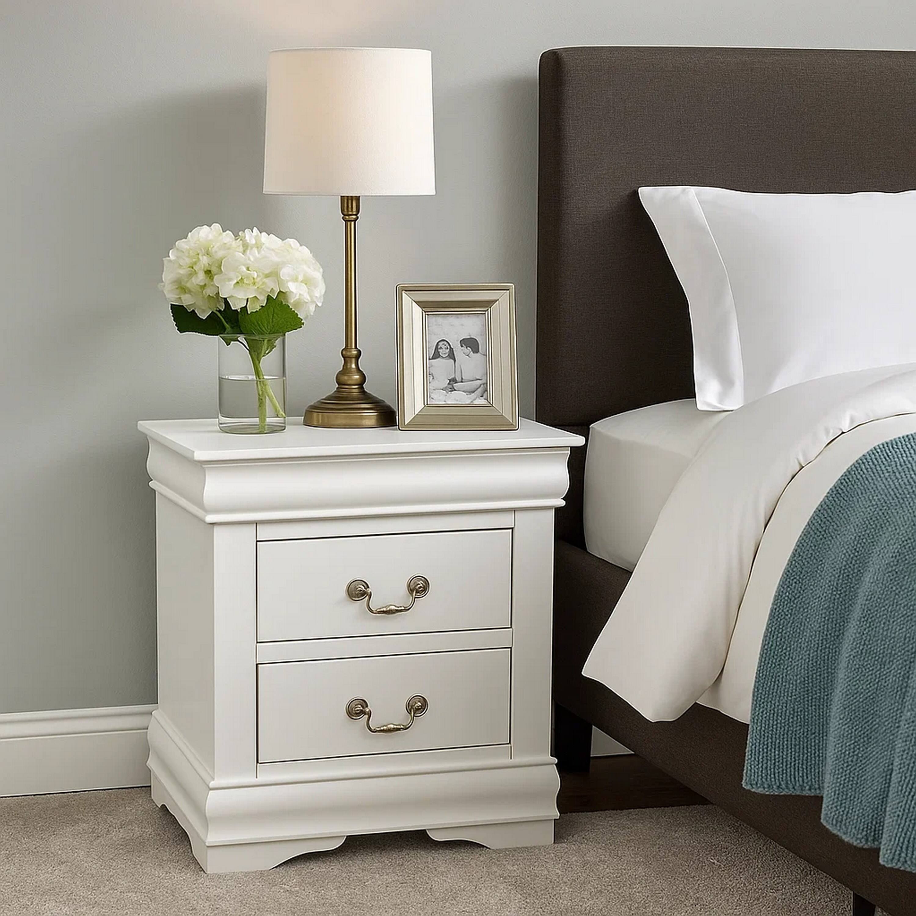 Alt View 5. Manhattan Lane - 2 Drawer Wooden Nightstand with Metal Hanging Pulls and Bracket Feet - White.