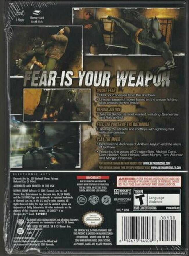**Fear is Your Weapon**

- **Invoke Fear**
  - Strike your enemies from the shadows.
  - Unleash powerful moves based on the unique fighting style created for the movie.

- **Defend Justice**
  - Take on Gotham's most wanted, including Scarecrow and Ra's al Ghul.

- **Feel the Power of the Batmobile**
  - Tear up the streets and rooftops with lightning-fast vehicular combat.

- **Play the Movie**
  - Embrace the darkness of Arkham Asylum and the alleys of Gotham.
  - Featuring the voices of Christian Bale, Michael Caine, Liam Neeson, Katie Holmes, Colin Murphy, Tom Wilkinson, and Morgan Freeman.

**Electronic Arts**

- **Imported**
- **Assembled in the USA**
- **Dolby Digital**
- **Pro Logic II**
- **Eurocom**

**Rating:**
- **Teen**
- **Language**
- **Violence**

**ESRB Content Rating:**
- www.esrb.org

**Barcodes:**
- 0 14635 14908 1

**Additional Information:**
- For information on this product, visit www.batmanbeyond.com
- For information on