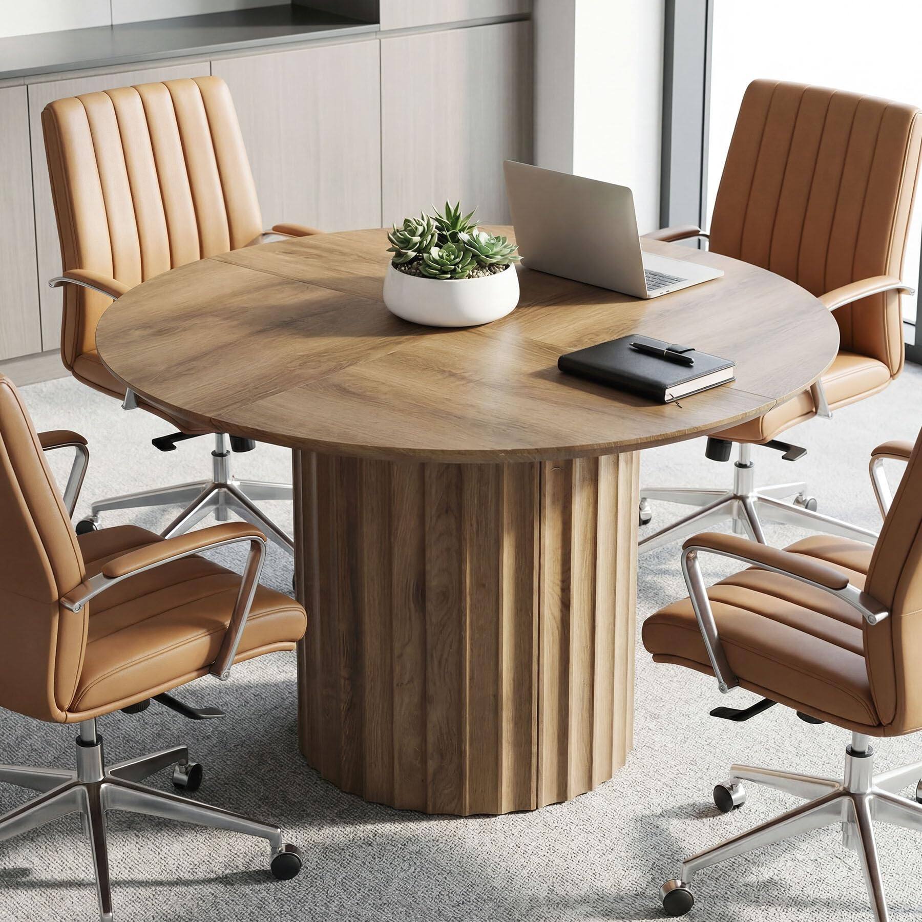 Alt View 1. Tribesigns - 47-Inch Round Conference Table for 4-6 People, Modern Rustic Round Office Table with Sturdy Base, Wood Meeting Room Use - Rustic Brown.