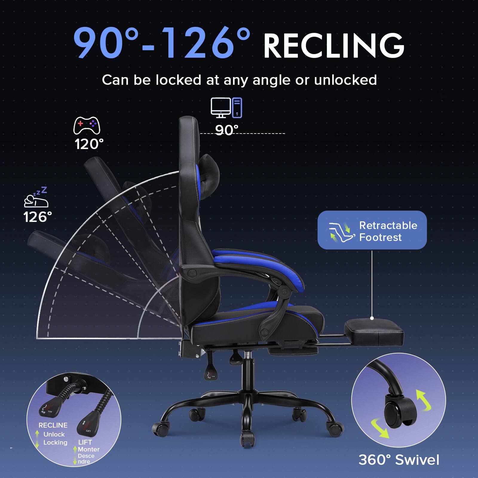 90°-126° RECLING  
Can be locked at any angle or unlocked

120°  
90°  
126°

Retractable Footrest

RECLINE  
Unlock  
Locking  
LIFT  
Monter  
Descendre

360° Swivel