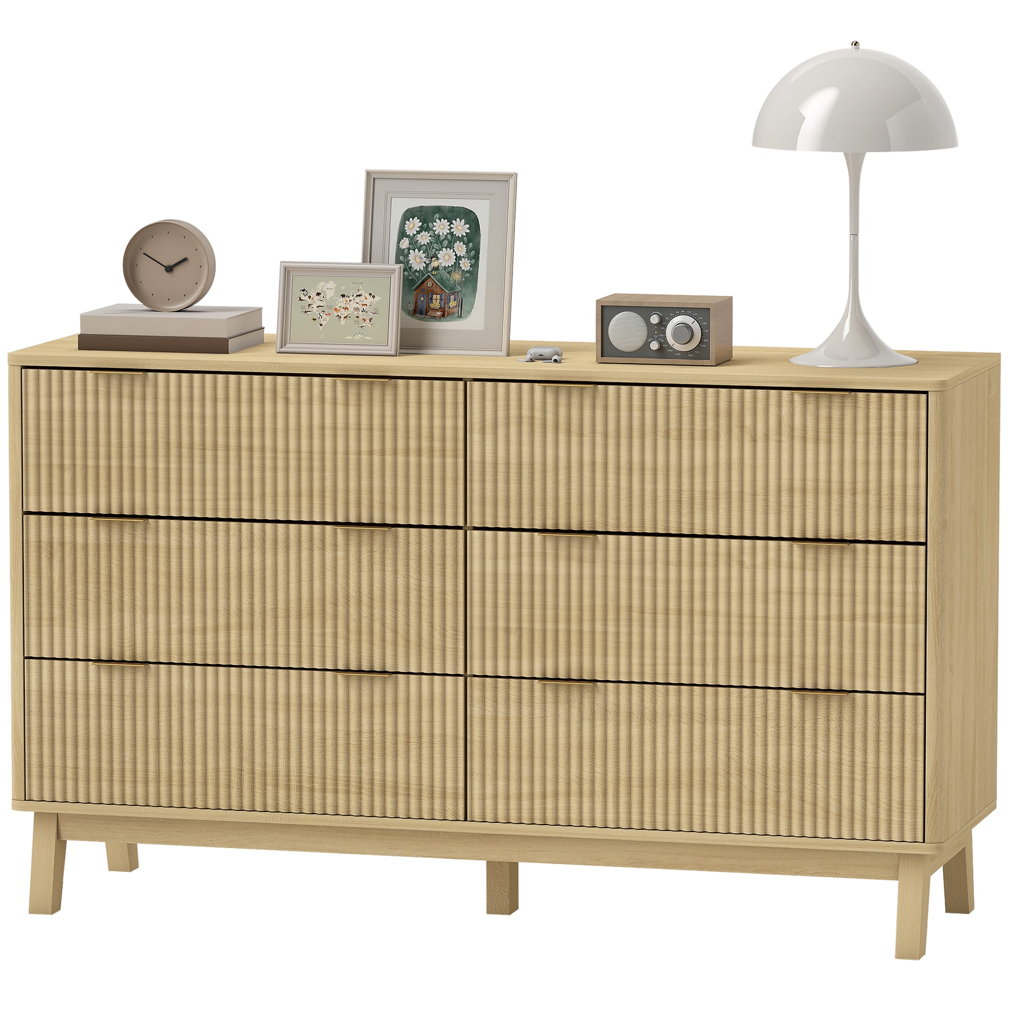 Homcom - Drawer Double Dresser for Bedroom, Fluted Chest of Drawers with Gold Finger Pulls and 5 Wood Legs - Natural Wood