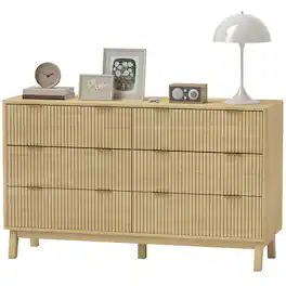 Homcom - Drawer Double Dresser for Bedroom, Fluted Chest of Drawers with Gold Finger Pulls and 5 Wood Legs - Natural Wood
