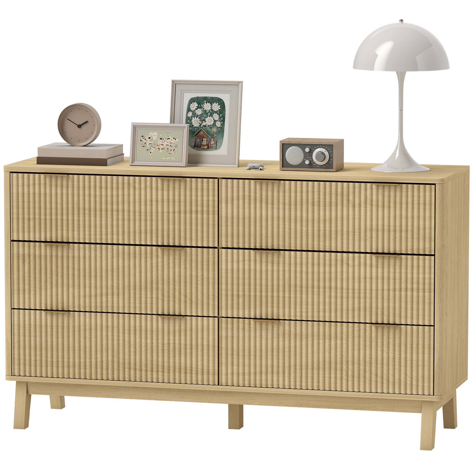 Front. Homcom - Drawer Double Dresser for Bedroom, Fluted Chest of Drawers with Gold Finger Pulls and 5 Wood Legs - Natural Wood.
