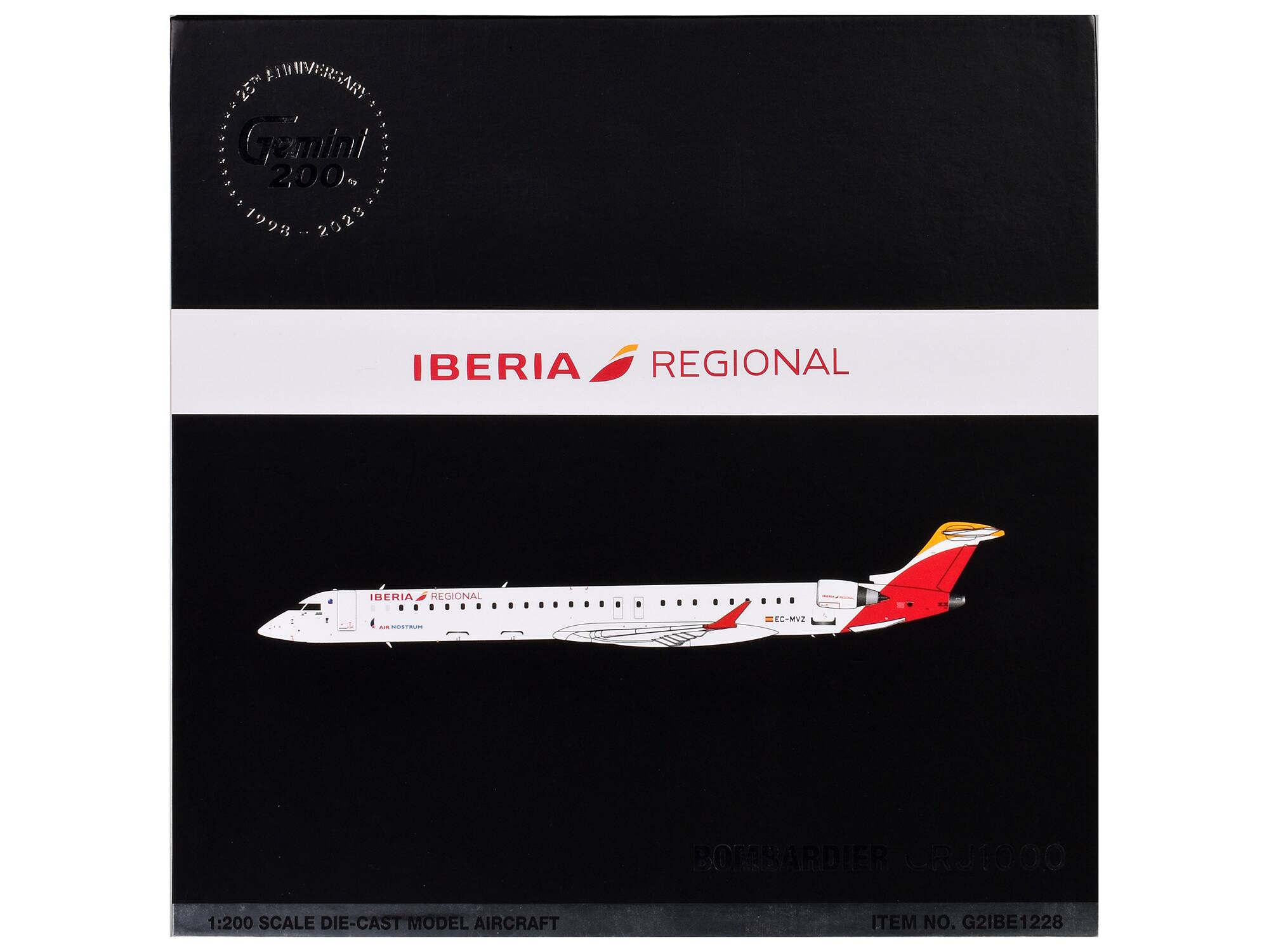 25th Anniversary  
Gemini 200  
1998 - 2023  

IBERIA REGIONAL  

1:200 Scale Die-Cast Model Aircraft  
BOMBARDIER CRJ1000  
EC-MV2  

Item No. G2IBE1228
