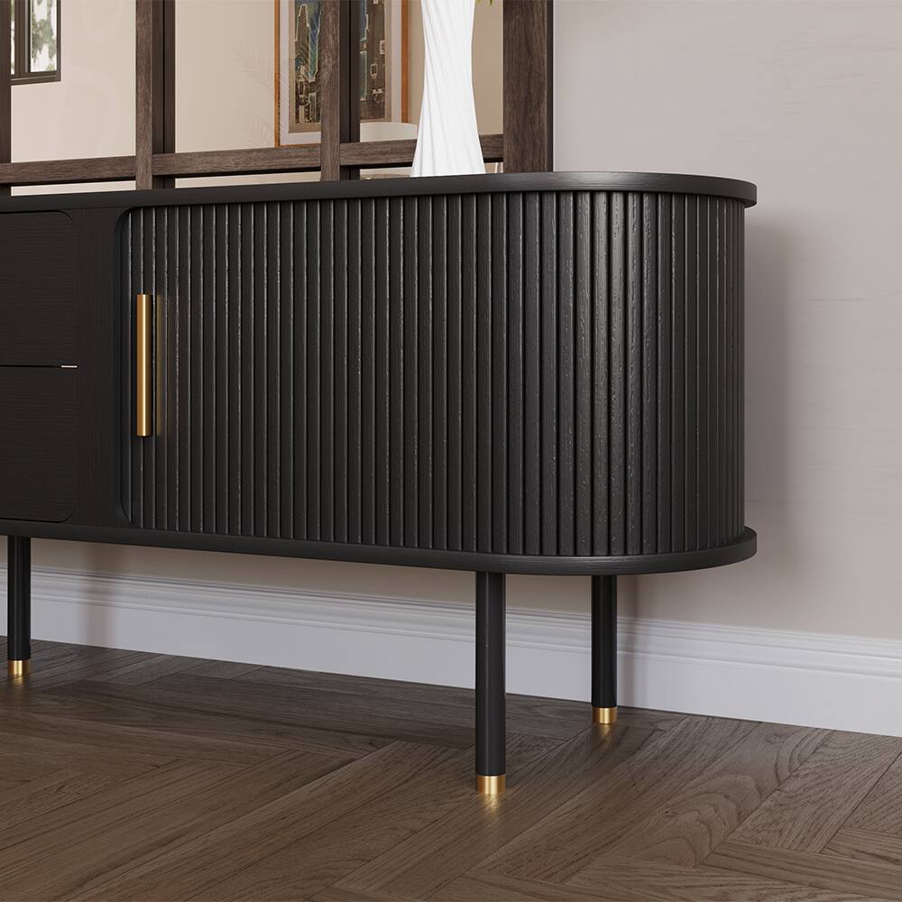 Alt View 9. POVISON - 78.74"Mid-Century TV Stand, with Minimalist Wood Media Console with Roller Shutter Door, Tall-Cast Metal Legs - Black.