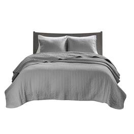 Gracie Mills - Becker Cozy Reversible Pick Stitch Quilt Set with Matching Shams - Gray