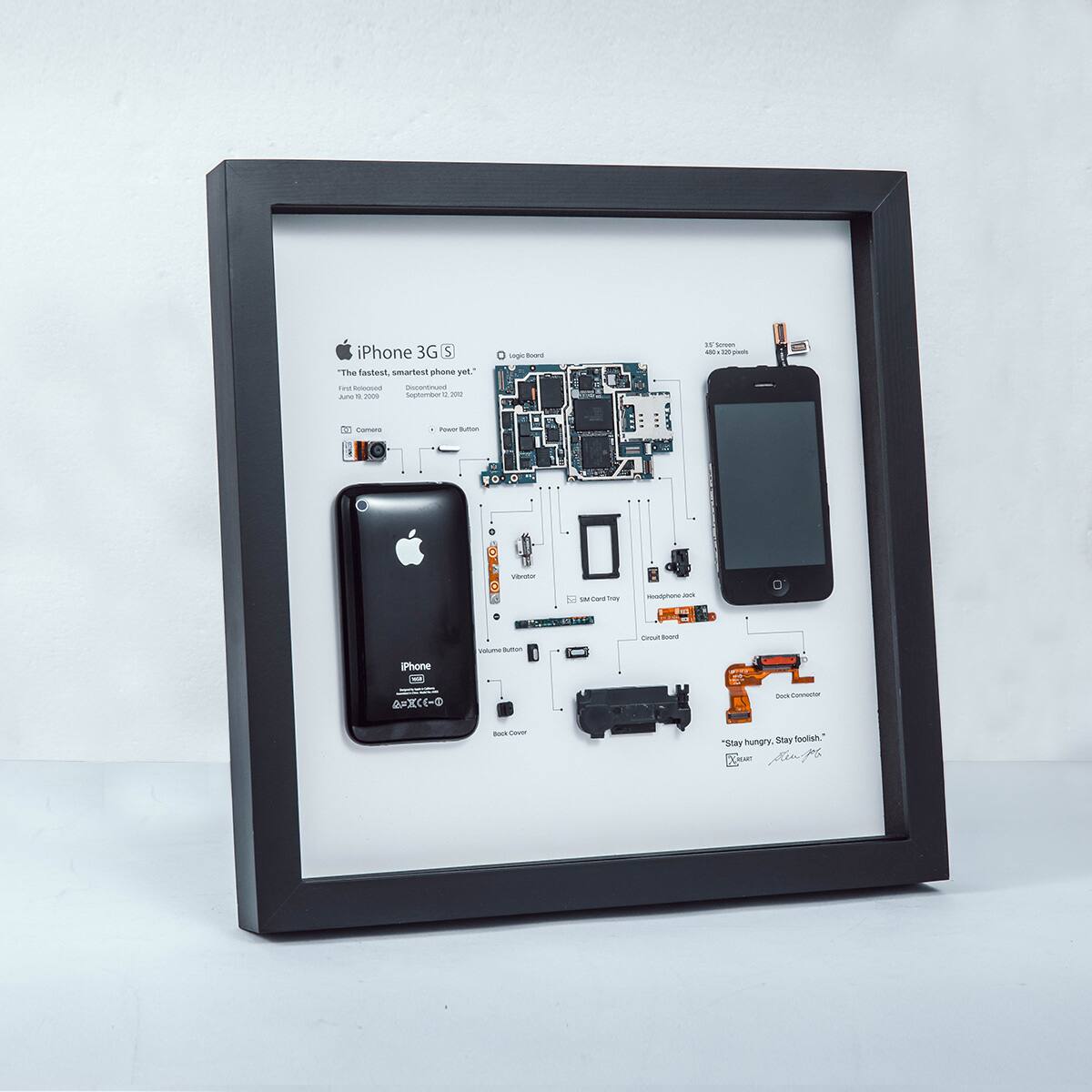 iPhone 3G S  
"The fastest, smartest phone yet."  
First released: June 9, 2009  
Discontinued: September 14, 2010  

- Camera  
- Power Button  
- Volume Button  
- Vibration  
- SIM Card Tray  
- iPhone Jack  
- Circuit Board  
- Dock Connector  

"Stay hungry, Stay foolish."  
Steve Jobs  
June 2009  
September 2010  

iPhone 3G S  
4.0 x 2.4 x 0.45 inches  
4.0 x 2.4 x 0.45 inches  

iPhone  
A+ C+ E+