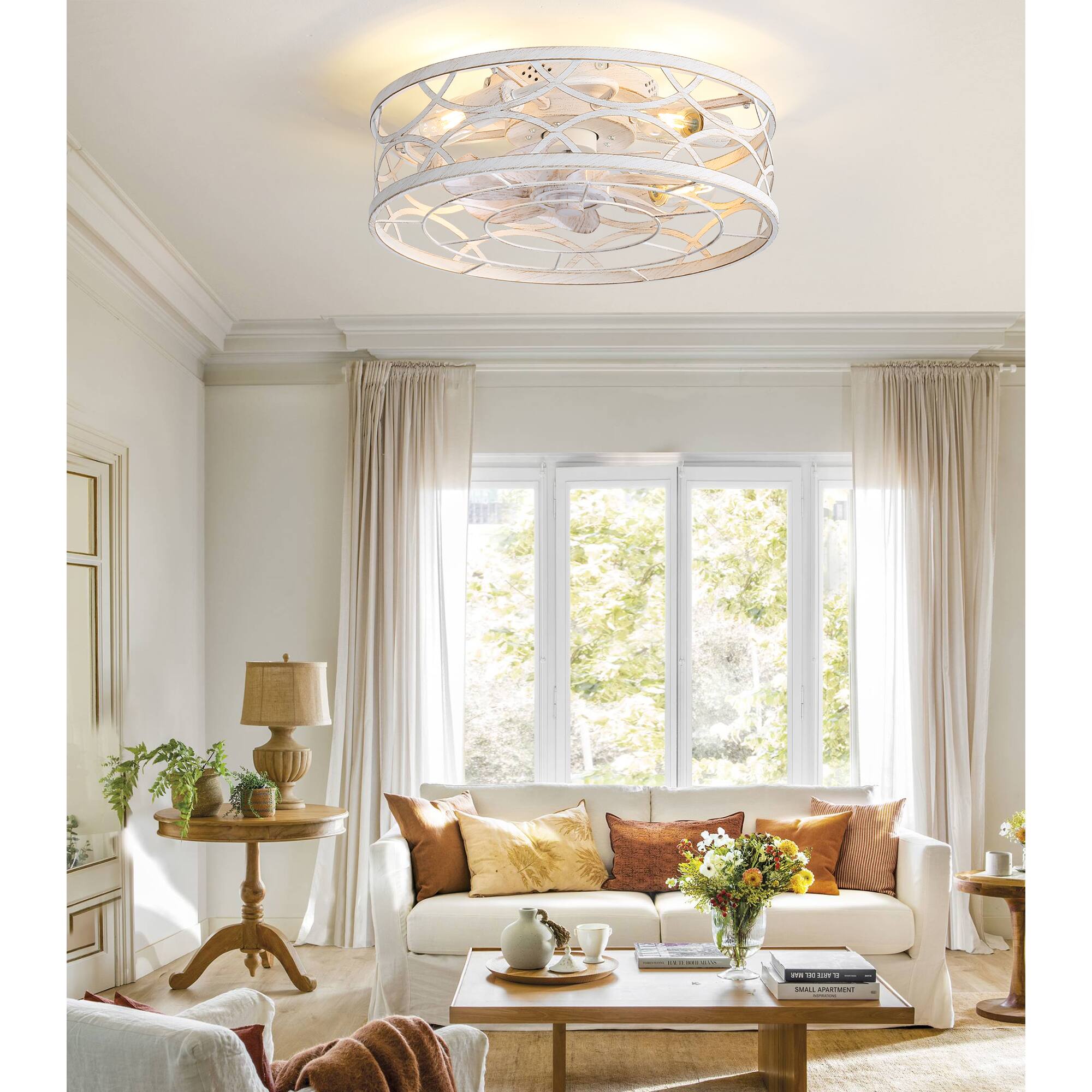 Alt View 1. Breezary - 18-Inch Flush Mount Caged Ceiling Fan with 7 ABS Blades, DC Motor, 6-Speed Remote Control, Memory Function - Distressed White and Gold.