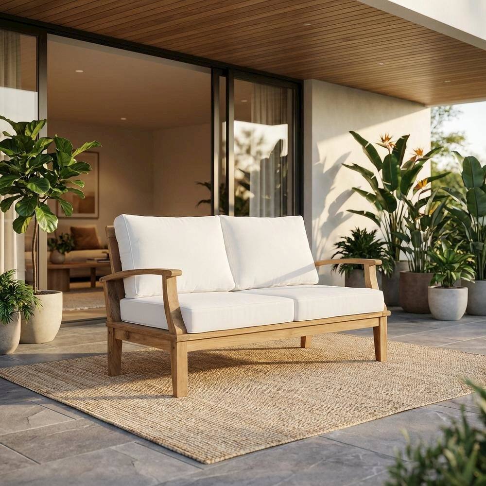 Angle. Outdoor Escape - Outdoor Patio Teak Loveseat With Cushioned Seating For Outdoor Relaxation - White.