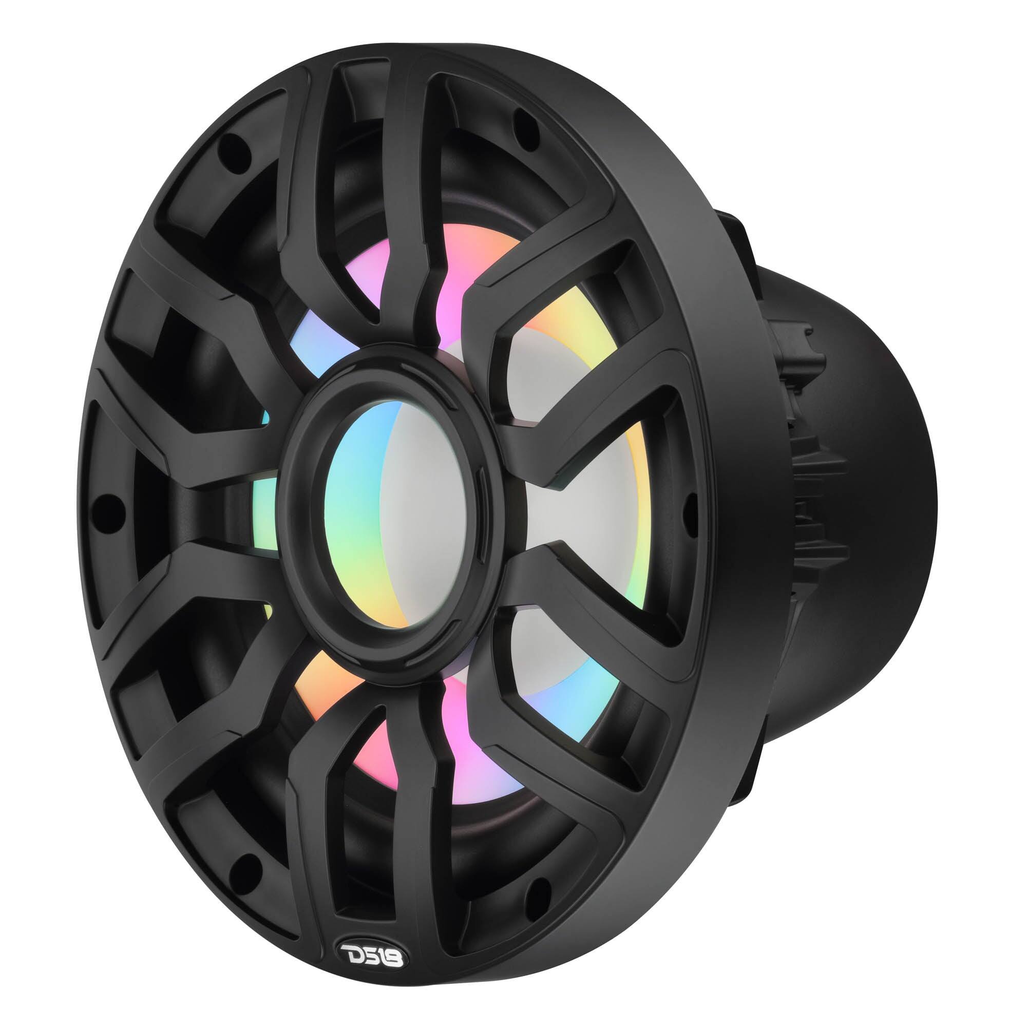 Left. DS18 Audio - NXL-IQ 10" Subwoofer with Digital LED Lights, 500W RMS Single 4-Ohm - Black.