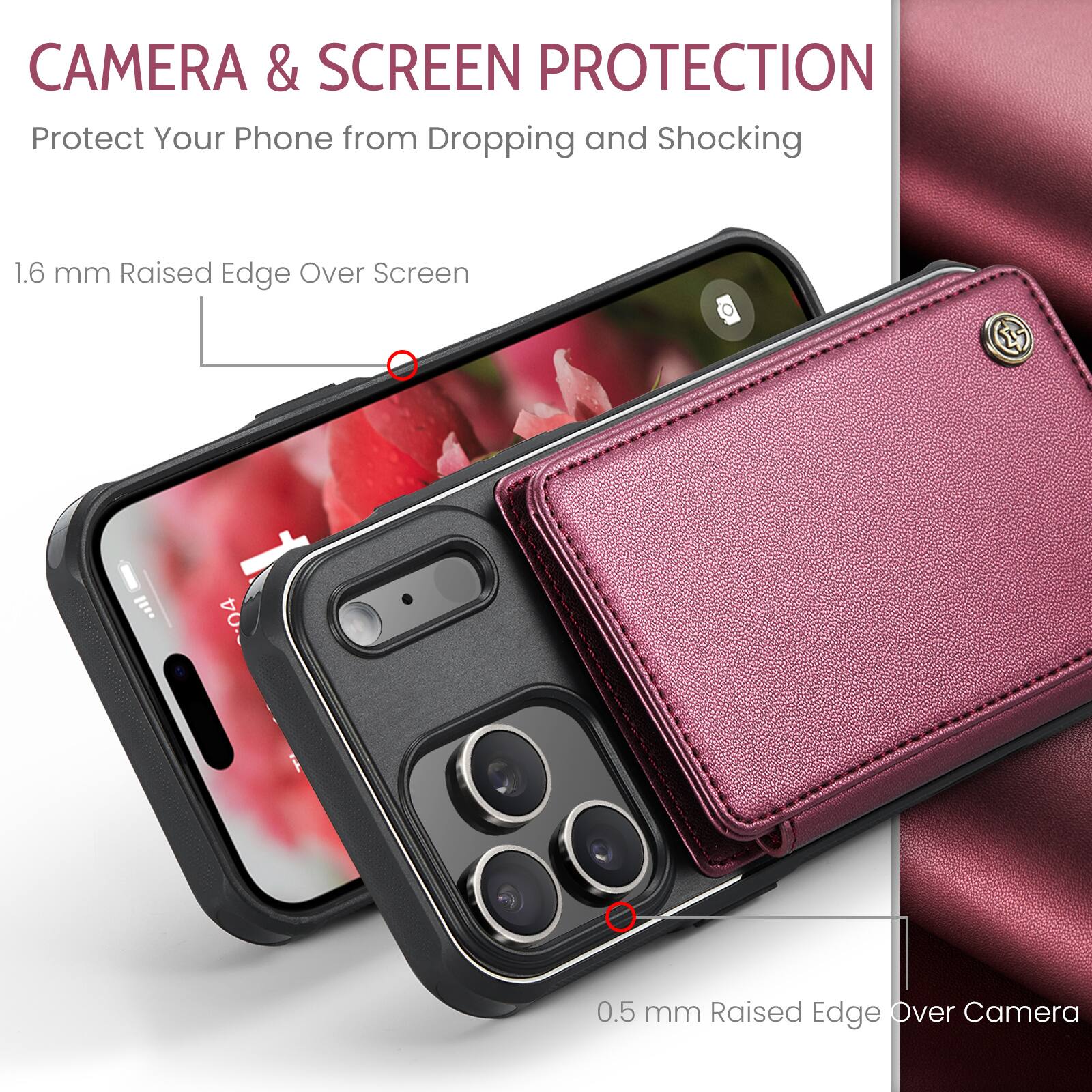 CAMERA & SCREEN PROTECTION  
Protect Your Phone from Dropping and Shocking  

1.6 mm Raised Edge Over Screen  

0.5 mm Raised Edge Over Camera