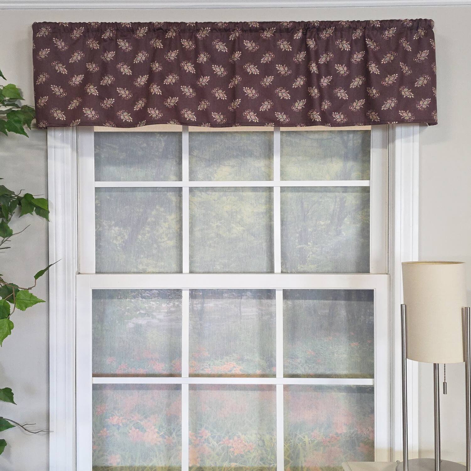 Angle. RLF Home - RLF Home 100% Cotton Pine Cones Tailored   Unlined Windows Rod Pocket Valance 51" x 12"  Egg Plant - Egg Plant.