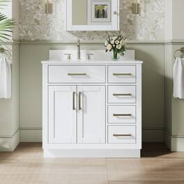 WELLFOR - 36 in Solid Wood Bathroom Vanity with Sink,2 Soft-Close Doors,5 Drawers&Cultured Marble Countertop,Brushed Nickel Handle - White