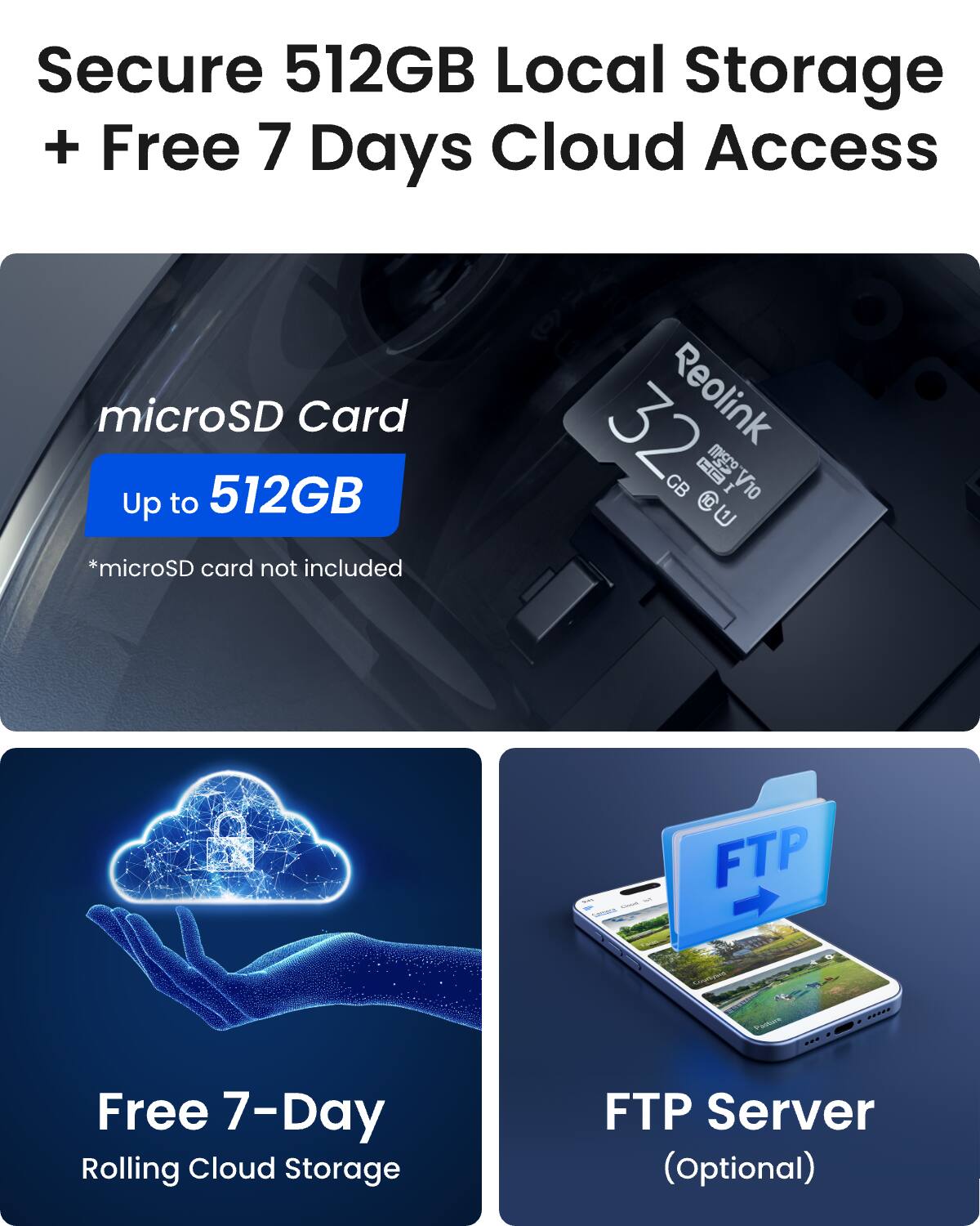 Secure 512GB Local Storage + Free 7 Days Cloud Access

microSD Card Up to 512GB *microSD card not included

32 Reolink 2m GB HC V10 E

- Medially Calories
- FTP
- Parture
- *****
- Free 7-Day Rolling Cloud Storage
- FTP Server (Optional)