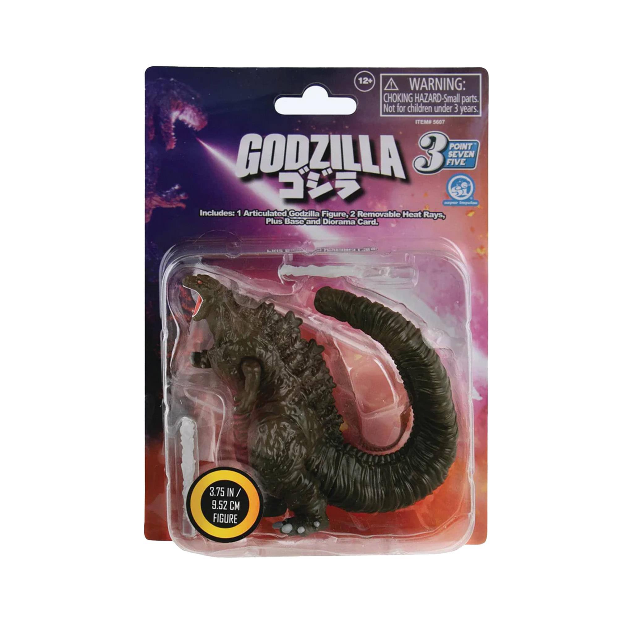 12+ A WARNING: CHOKING HAZARD Small parts Not for children under 3 years. ITEM P S007 GODZILLA 3 FIVE SEVEN Includes: 1 Articulated Godzilla Figure, 2 Removable Heat Rays, Plus Base and Diorama Card. LM PCRSIIL 3.75 IN / 9.52 CM FIGURE