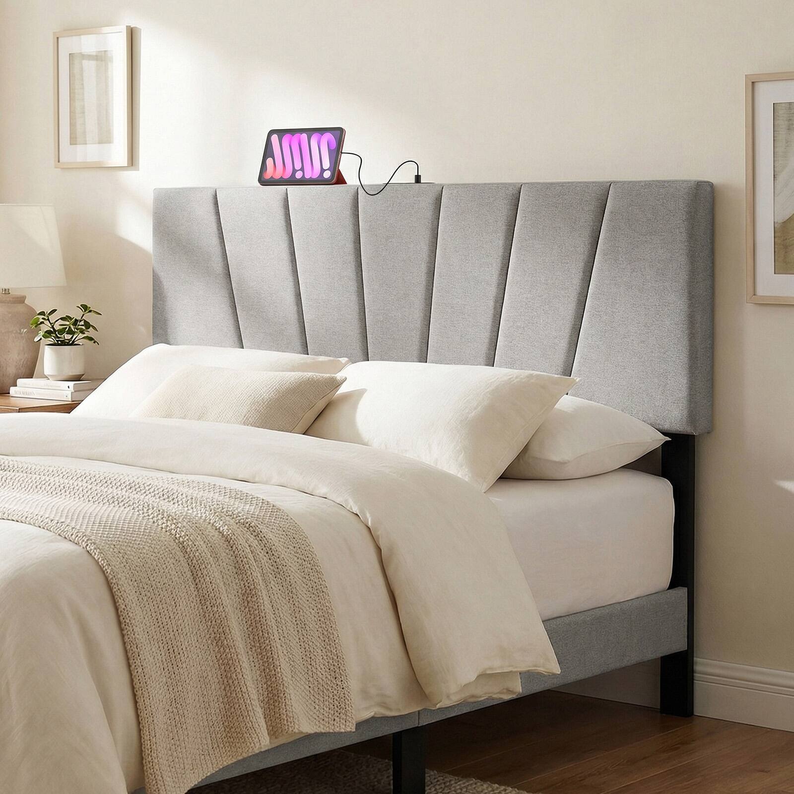 Alt View 3. Gymax - Gymax Headboard for Queen&Full Size BedGeometric Upholstered Head Board w/2AC Outlets Gray - Grey.