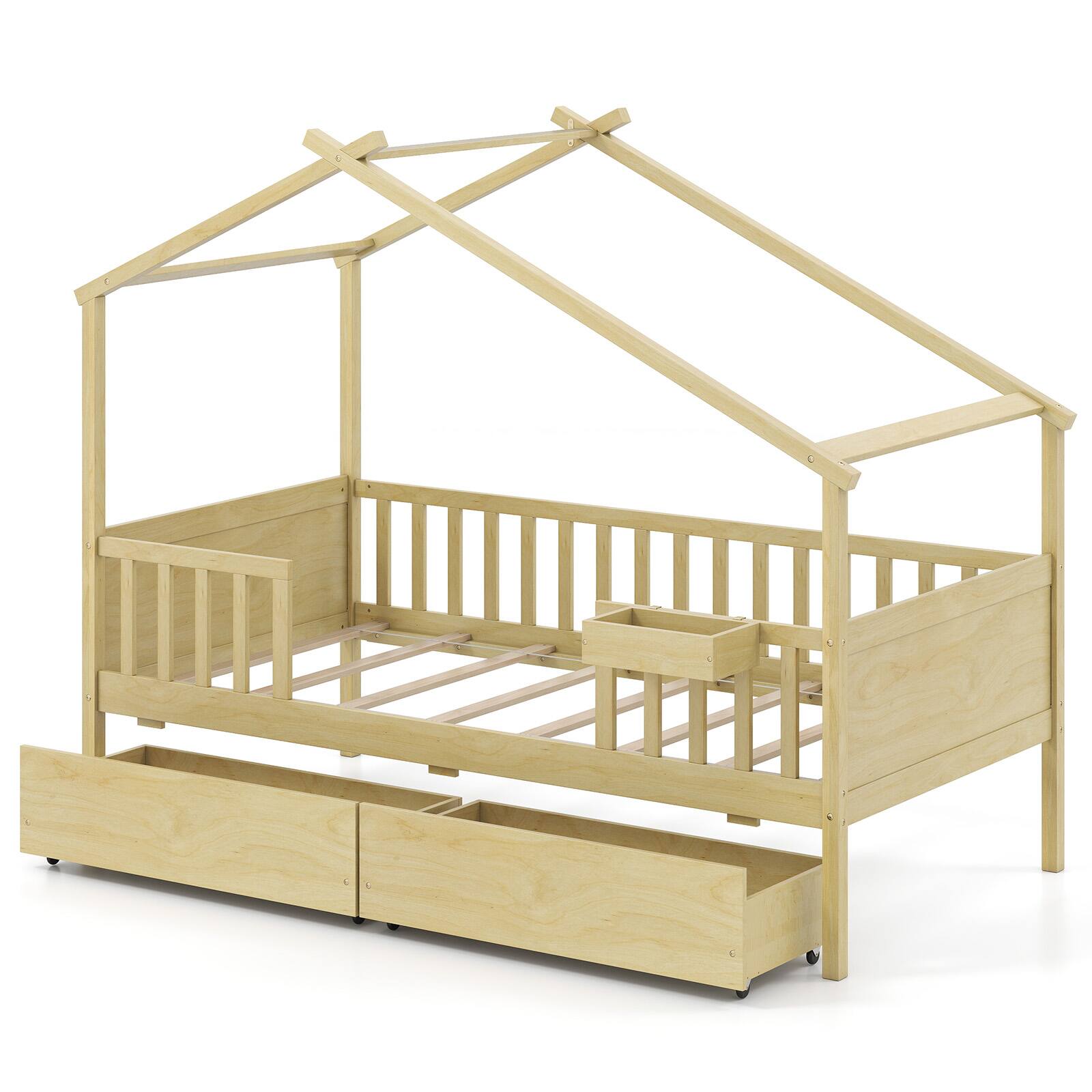 Alt View 8. Gymax - Gymax Twin House Bed w/ 2 Storage Drawers Roof & Fence Rails Headboard & Footboard - Natural.