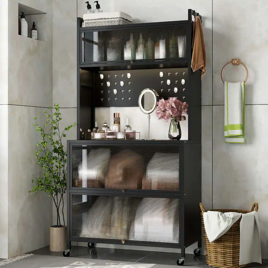 Costway Tier Kitchen Bakers Rack Flip Door Cabinets Pegboard