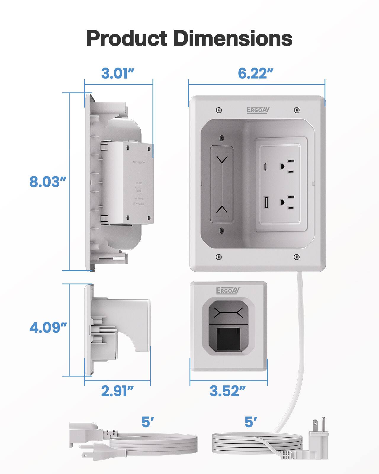 Product Dimensions 3.01" 6.22" 8.03" 4.09" 2.91" 3.52" 5' 5'