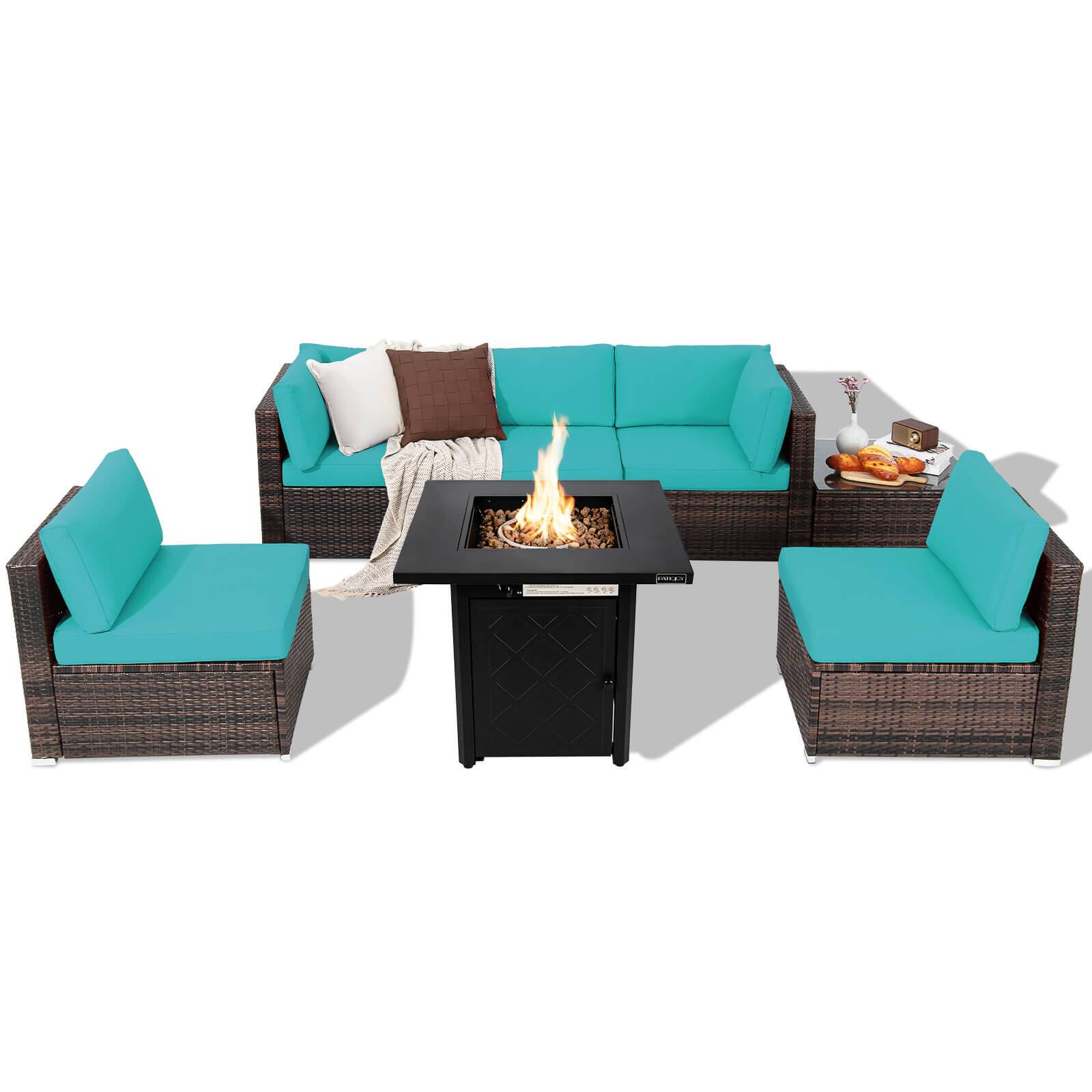 Front. Gymax - Gymax Set of 7 Patio Furniture Set w/ 28'' 50000 BTU Propane Gas Fire Pit Table Cushions Turquoise - Mix Brown, Turquoise.