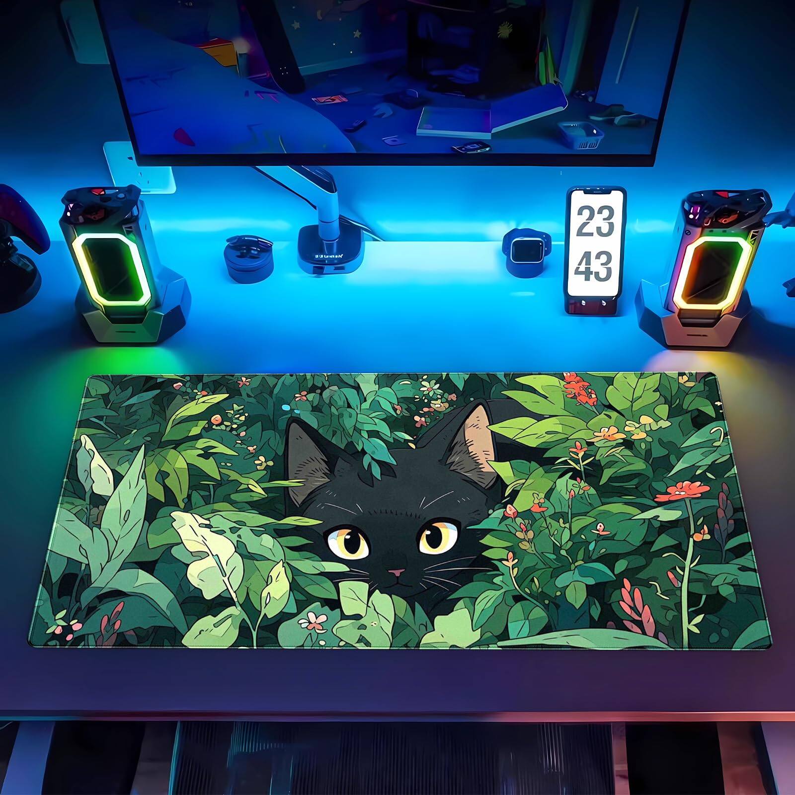 Alt View 4. Comfort Essence - Black Cat Mouse Pad Cute Gaming Mousepad Xl Computer Mat 31.5 X Full Desk And Green With Stitched Edge - Dragon.
