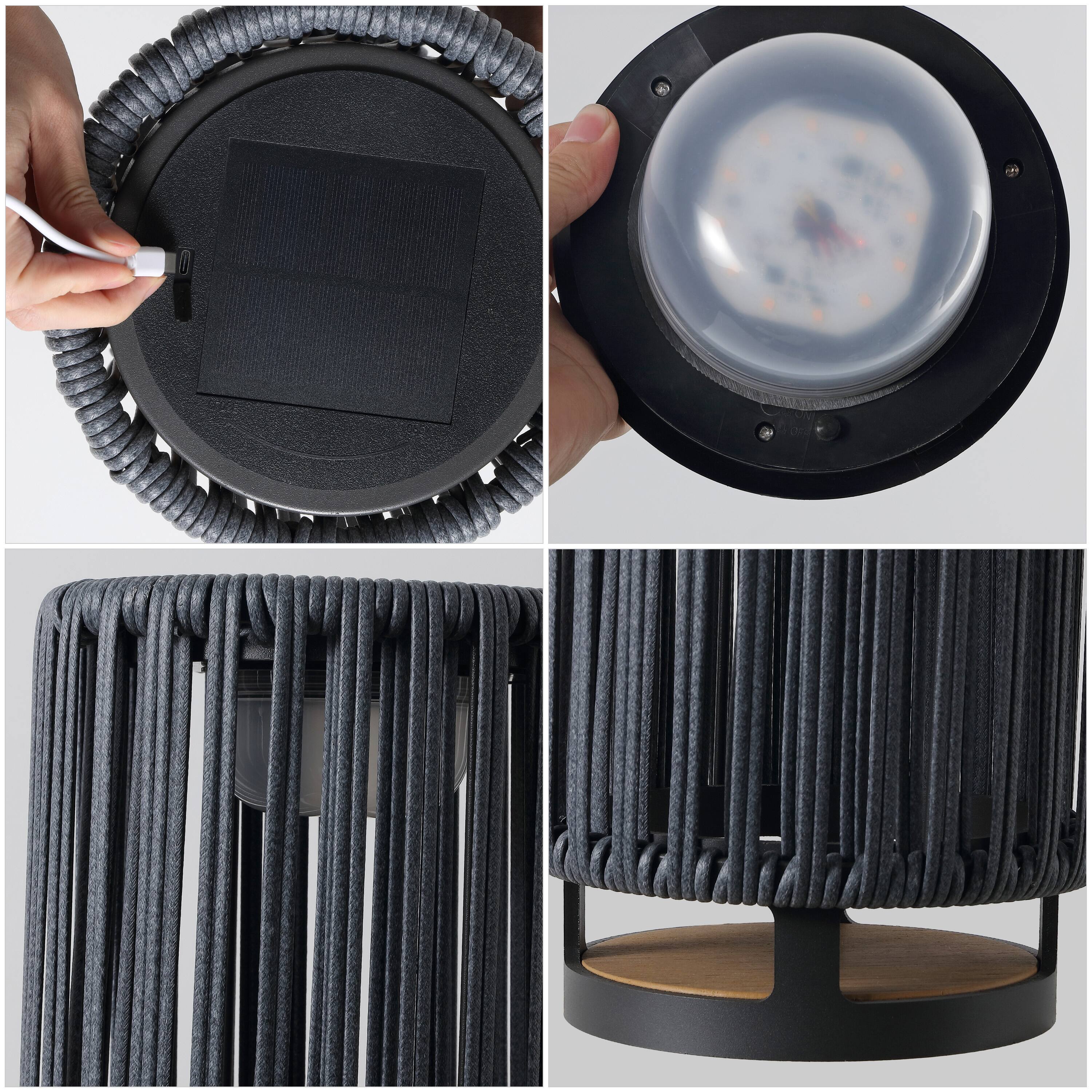 Alt View 5. Jonathan Y - Sawara 12.5" Modern Minimalist Faux Rattan Integrated Indoor/Outdoor LED Solar Powered Lantern, Charcoal/Black - Black/Gray.