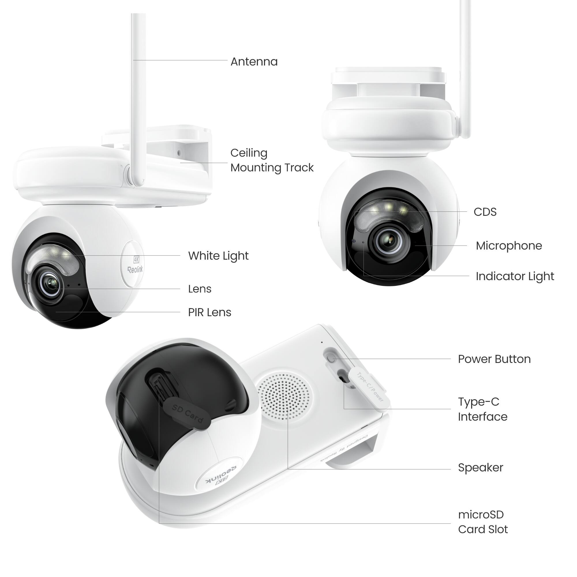 Antenna  
Ceiling Mounting Track  
CDS  
Reolink  
White Light Lens  
Microphone Indicator Light  
PIR Lens  
SD Card  
Type-C Interface  
Power Button  
Speaker  
microSD Card Slot