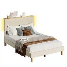 Bestier - Full Size Upholstered Platform Bed with LED Lighting and Adjustable Storage Headboard for Bedroom - Beige