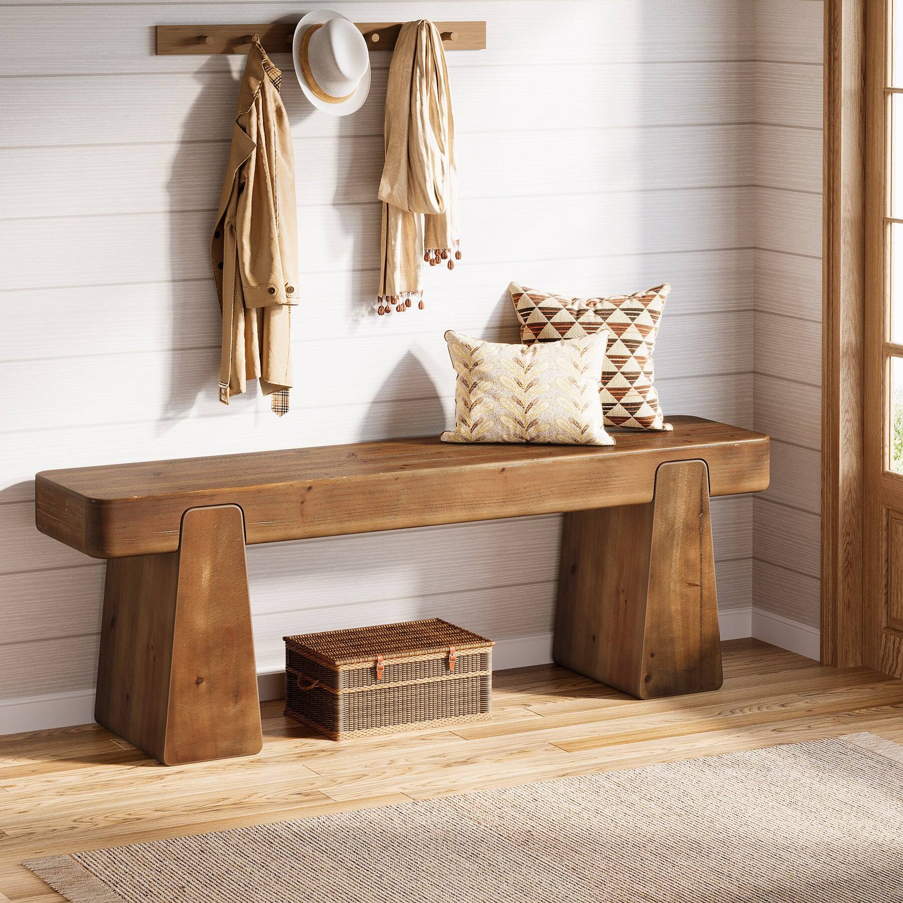 Front. Tribesigns - Office Reception Bench with Solid Wood Construction, for Office Entryways and Waiting Areas - Brown.