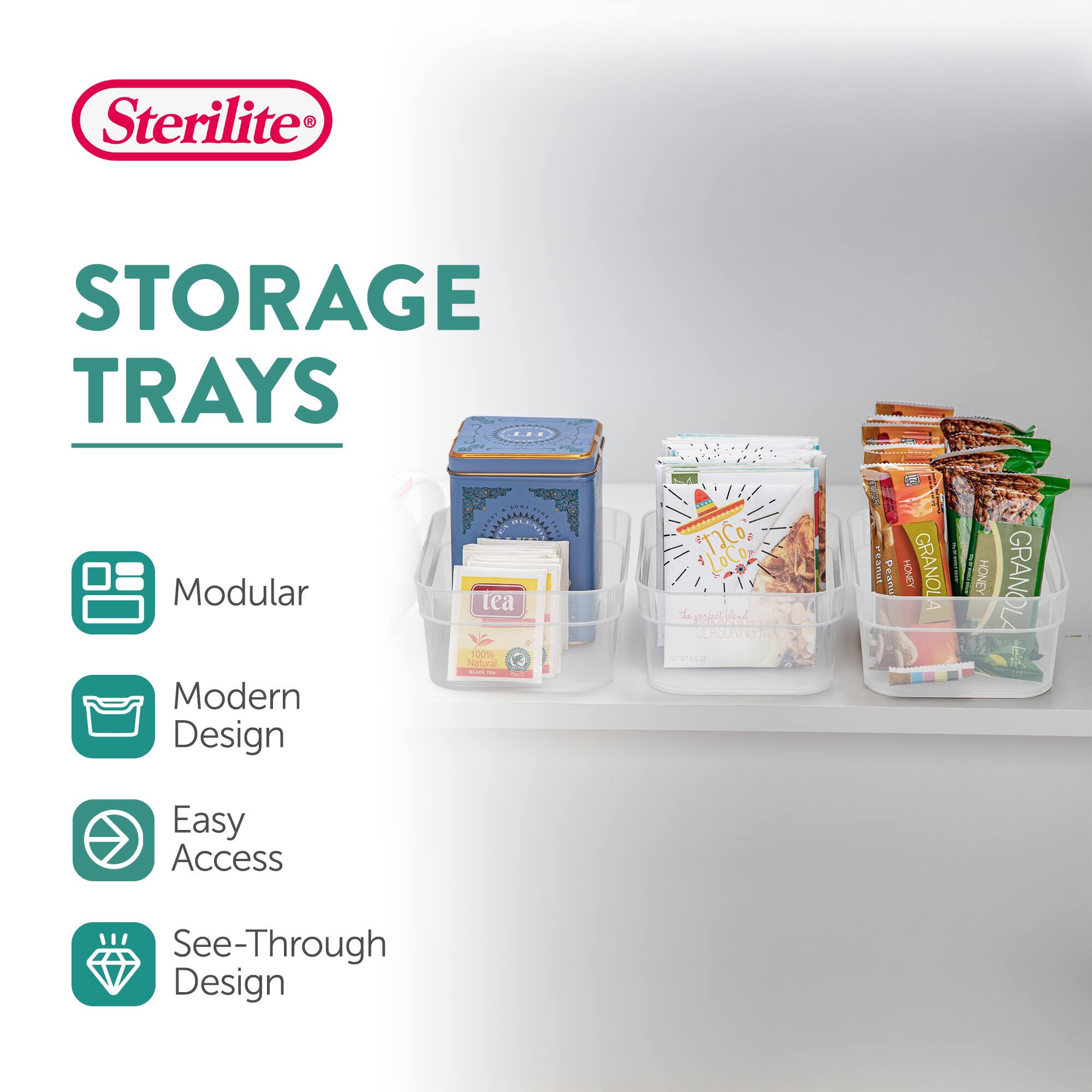 Sterilite STORAGE TRAYS Modular Modern Design tea 100% Nehura | - ADAA TaCo LoCo de michblnd CCRSUNNG - MAEN a saut Peao HONEY GRANOLA HONEY GRANOLA Easy Access See-Through Design