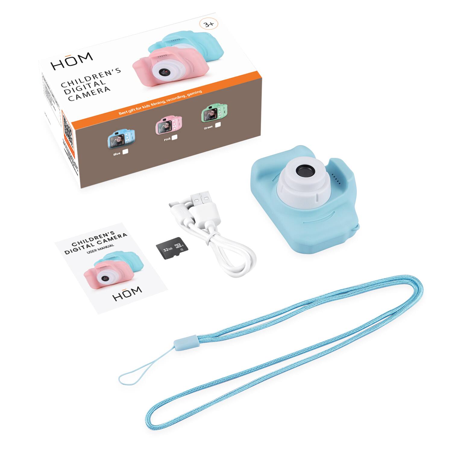 3+ | HOM CHILDREN'S DIGITAL CAMERA  
Best gift for kids filming, recording, gaming  
Flash  
Film  
CHILDREN'S DIGITAL CAMERA USER MANUAL  
HOM  
32GB SD Card  
USB Cable