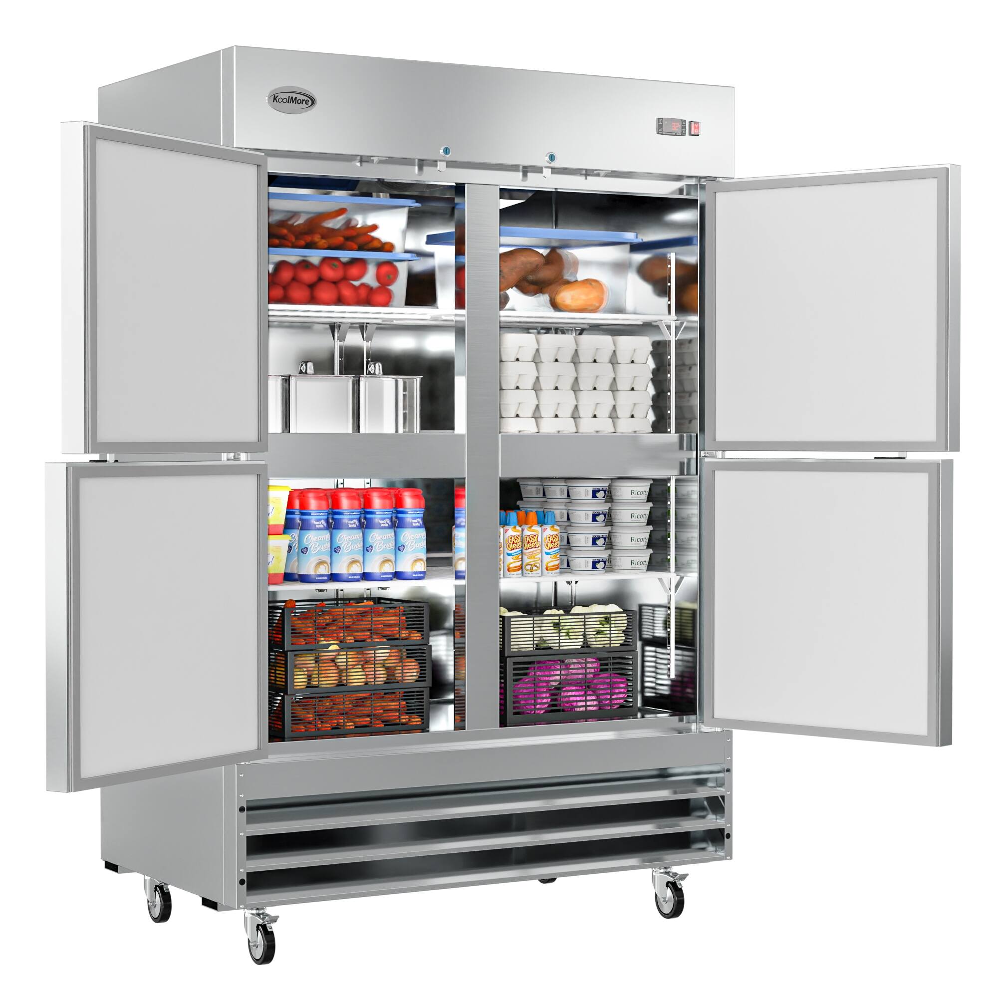 The image shows a refrigerator with its door open, revealing a variety of food items inside. The refrigerator is filled with several bottles, some of which are placed on the top shelf, while others are positioned on the bottom shelf. There are also multiple bowls and cups stored in the refrigerator, with some placed on the top shelf and others on the bottom shelf. The refrigerator is well-stocked, providing a variety of food options for those who use it.