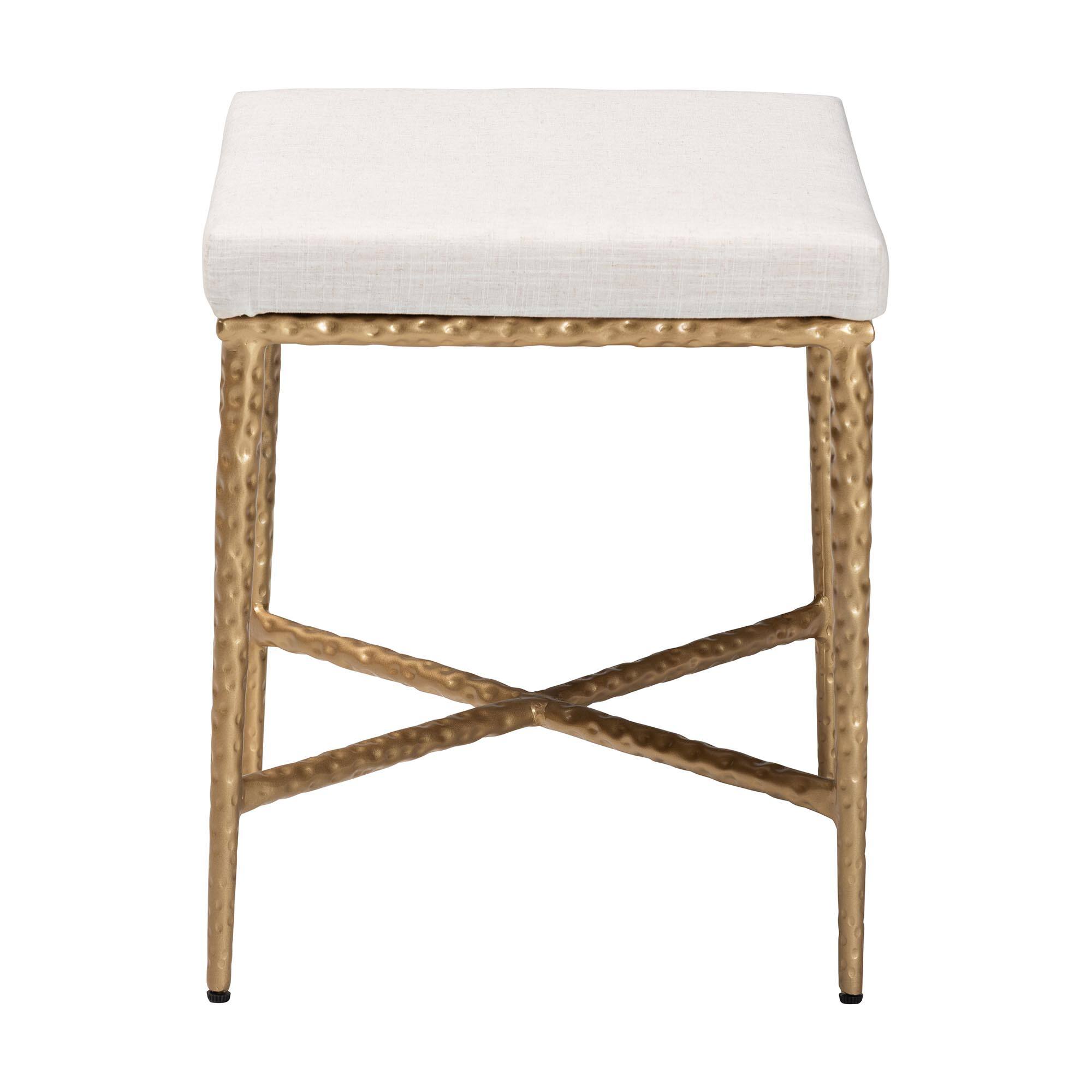 Left. Baxton Studio - Baxton Studio Fumiye Ottoman Footstool - Modern Rustic Accent Stool with Metal Frame and Upholstered Seat, Rectangle 18" - Ivory/Gold.