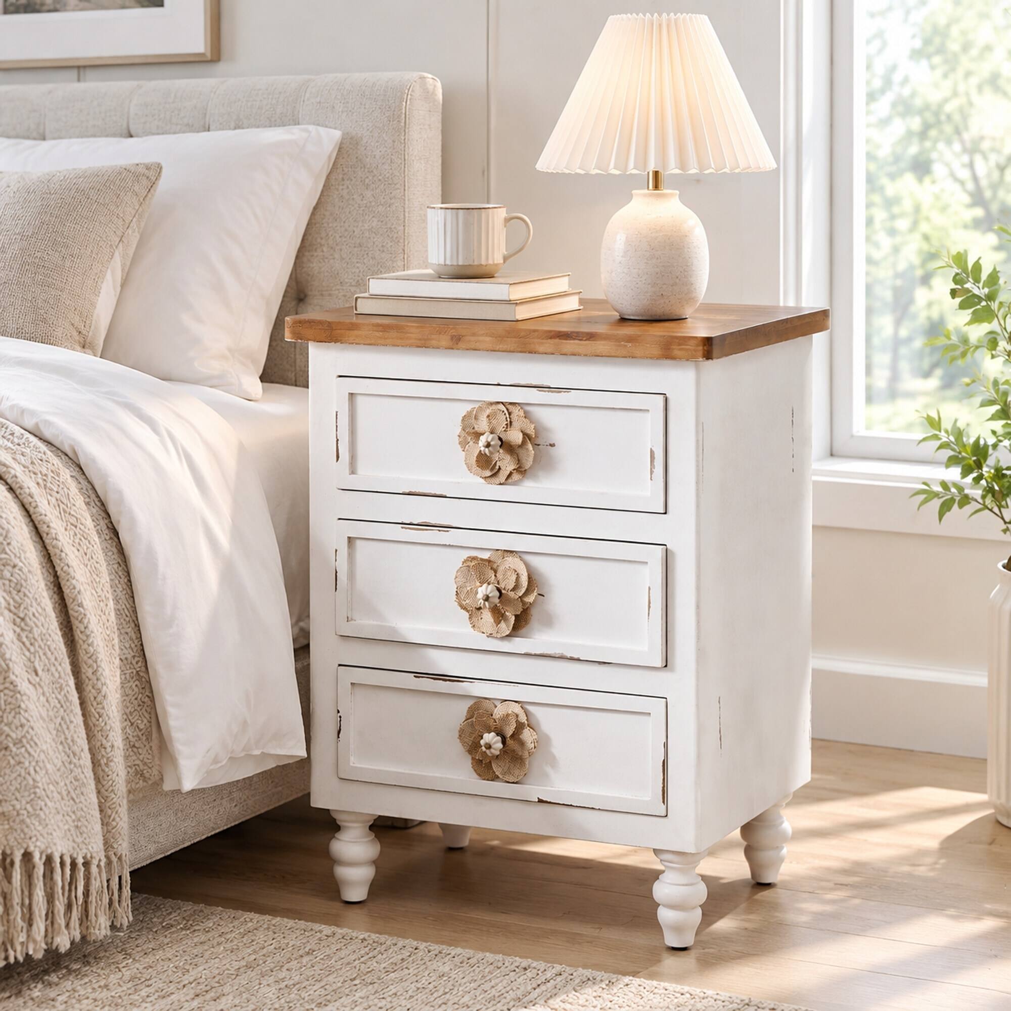 RYHNUYNE Rustic 3 Drawer Nightstand, 18.9 in Distressed White End Table ...