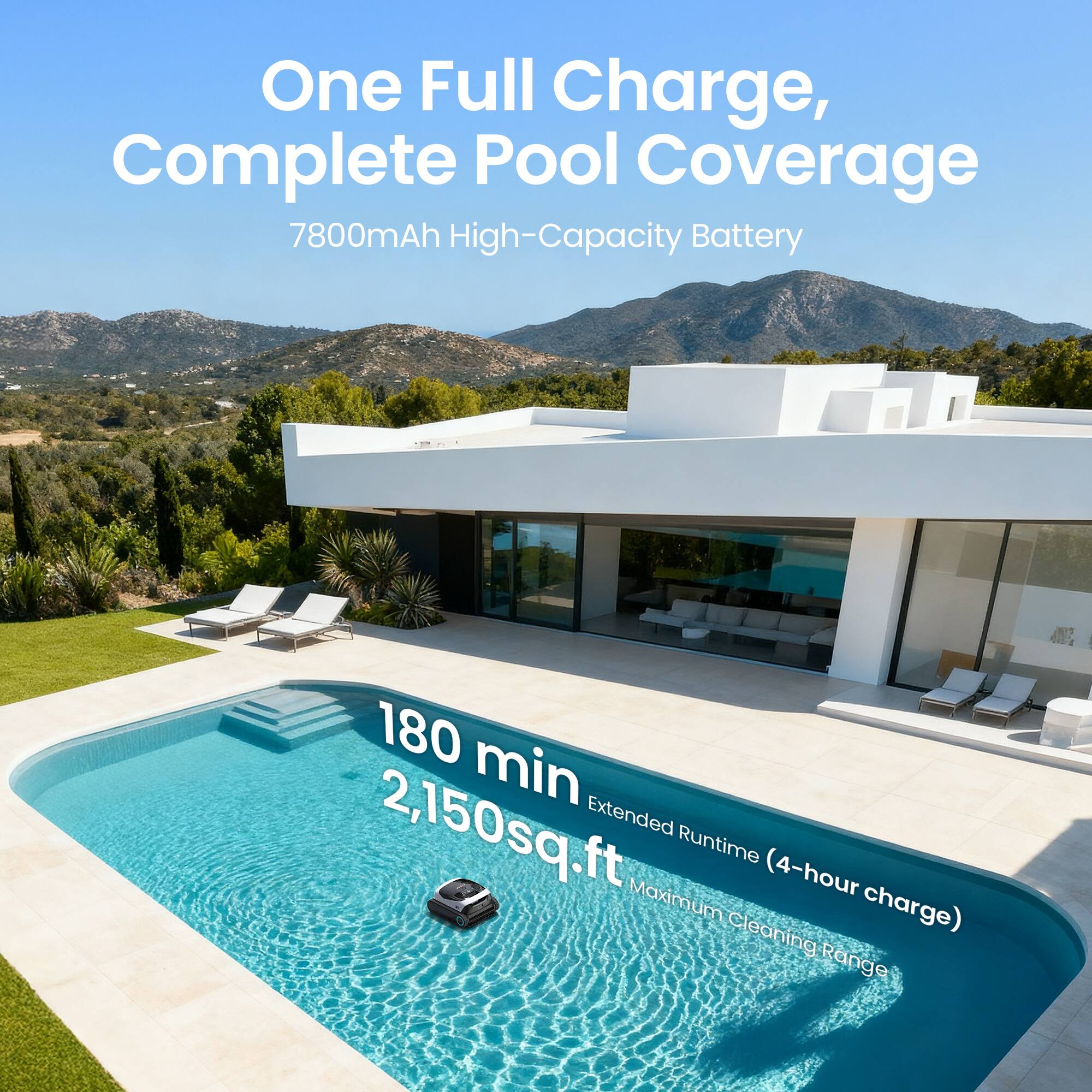 One Full Charge, Complete Pool Coverage  
7800mAh High-Capacity Battery  
180 min  
2,150sq.ft Extended Runtime (4-hour charge)  
Maximum Cleaning Range