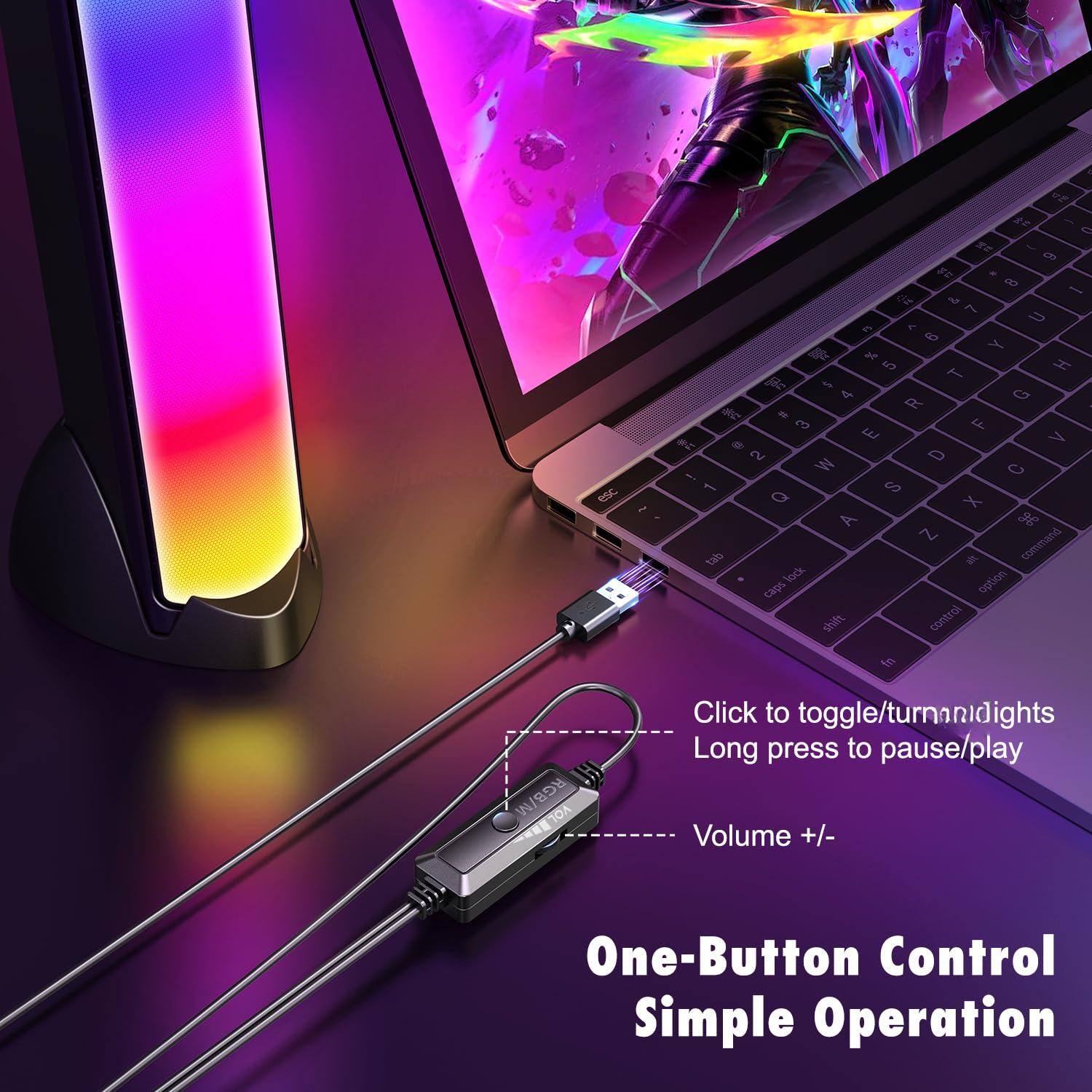 One-Button Control  
Simple Operation  

Click to toggle/turn on lights  
Long press to pause/play  

Volume +/-