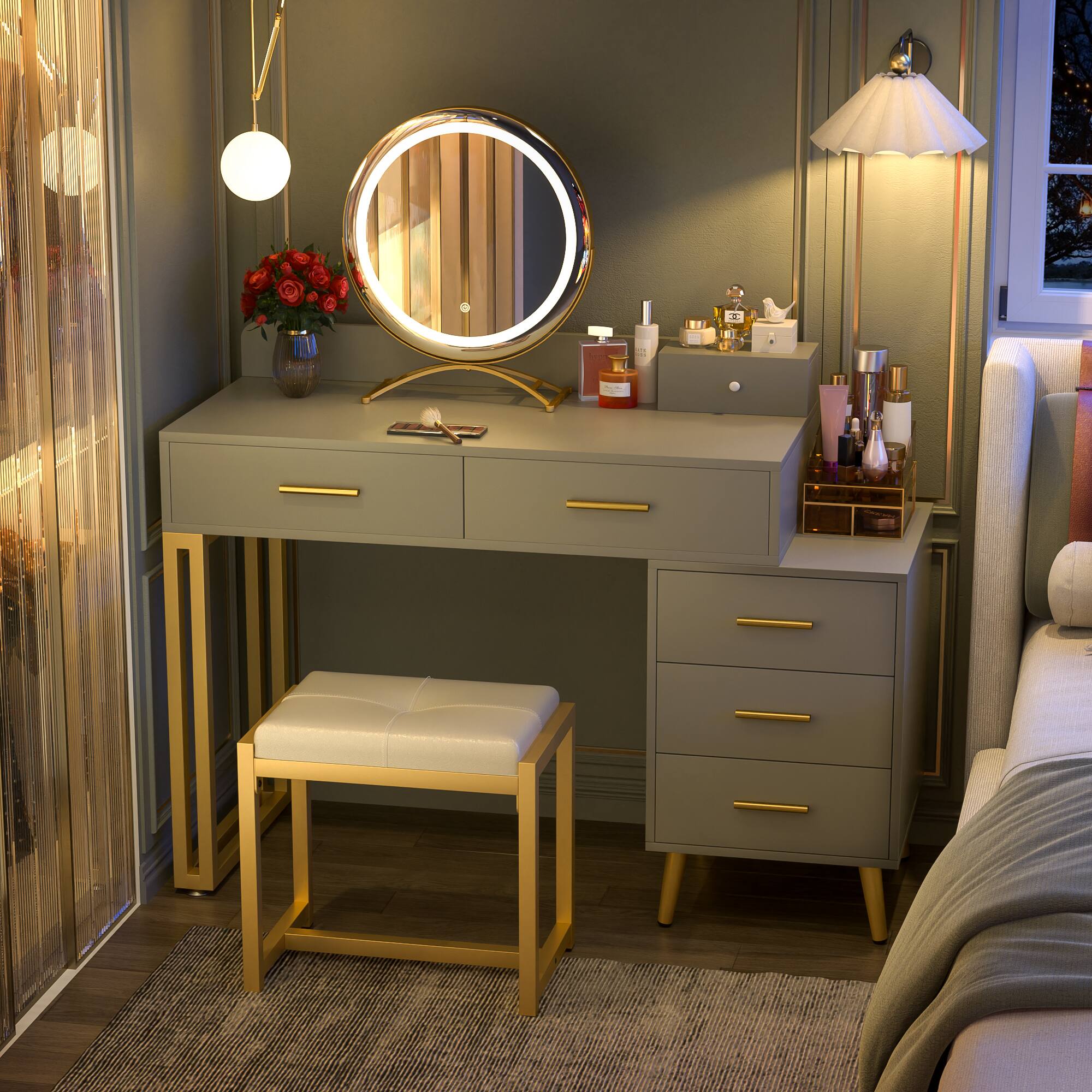 Angle. Aheaplus - Modern Vanity Desk with LED Mirror & 6 Drawers - Includes Cushioned Stool & Organizers for Bedroom - Cyan.