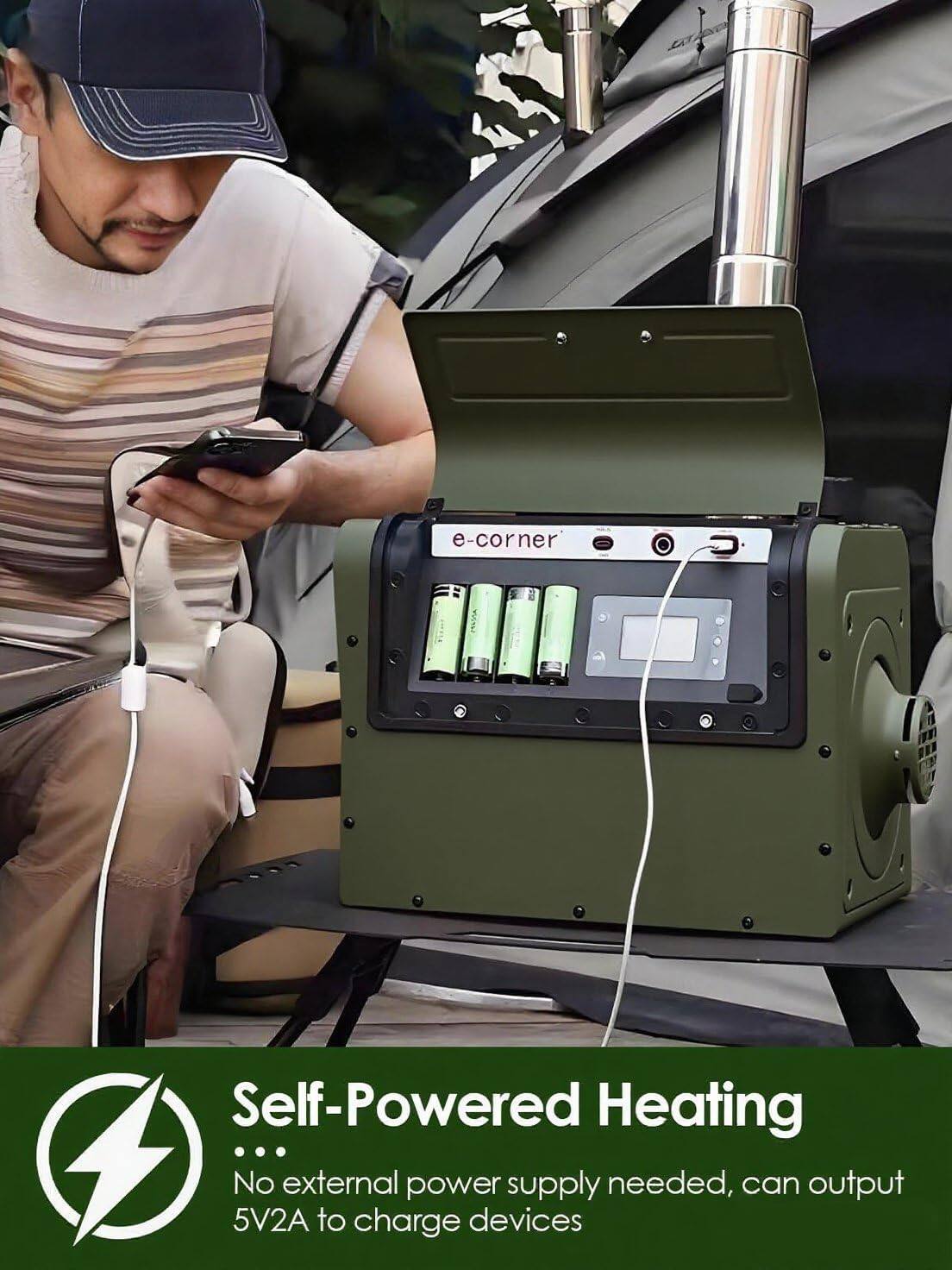 Self-Powered Heating  
No external power supply needed, can output 5V2A to charge devices