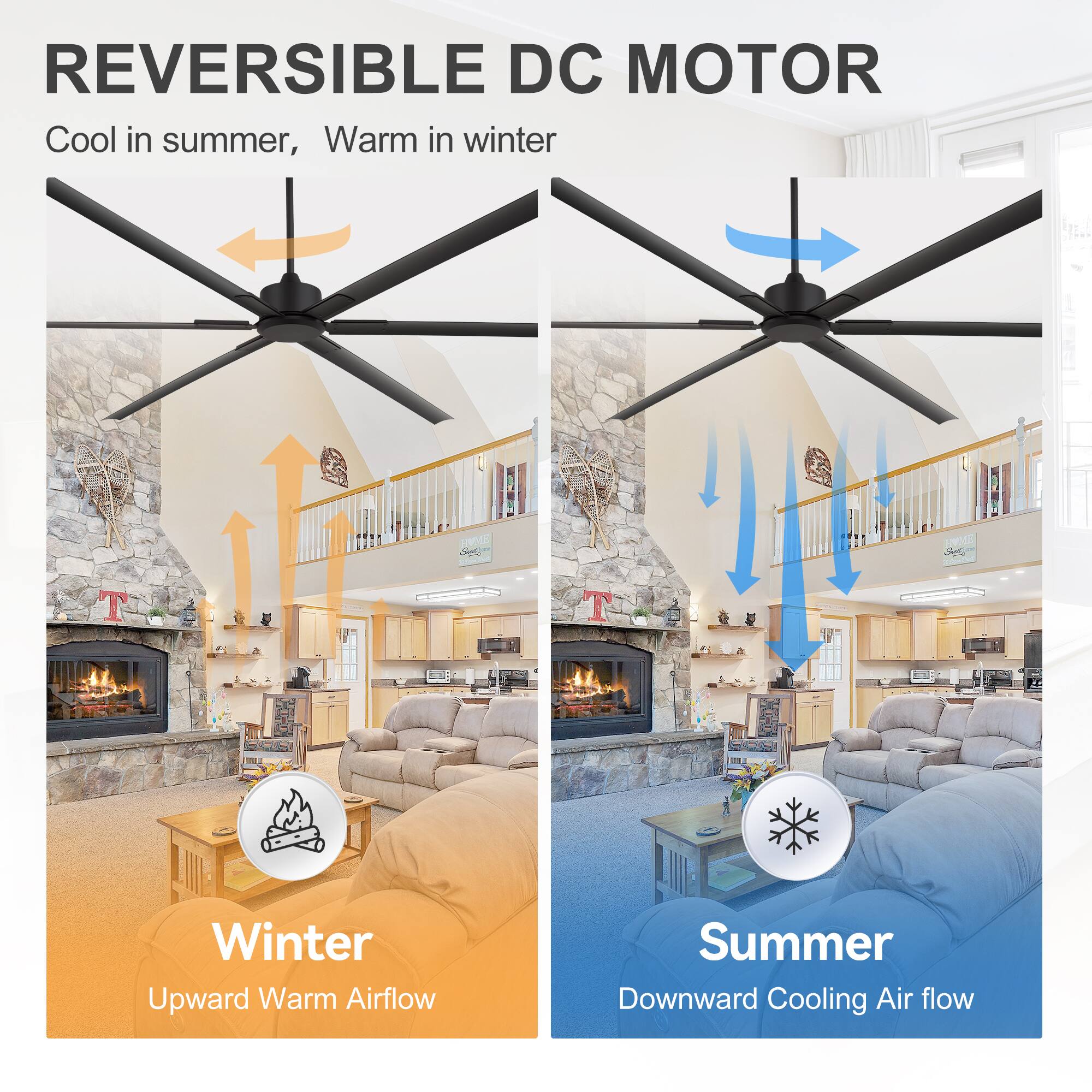 REVERSIBLE DC MOTOR  
Cool in summer, Warm in winter  

Winter  
Upward Warm Airflow  

Summer  
Downward Cooling Airflow