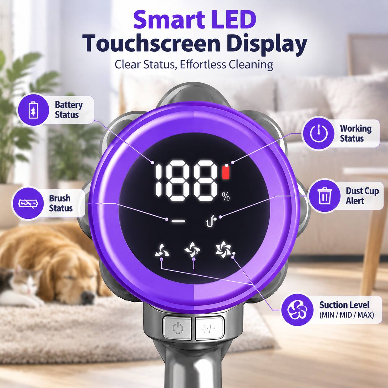 Smart LED Touchscreen Display  
Clear Status, Effortless Cleaning

- Battery Status
- Working Status
- Brush Status
- Dust Cup Alert
- Suction Level (MIN/MID/MAX)